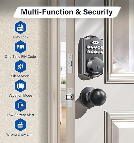 Miniatura 4 de Cerradura de puerta de entrada sin llave con 2 perillas, cerrojo electrónico retroiluminado con asa, bloqueo automático, códigos únicos, cerrojo