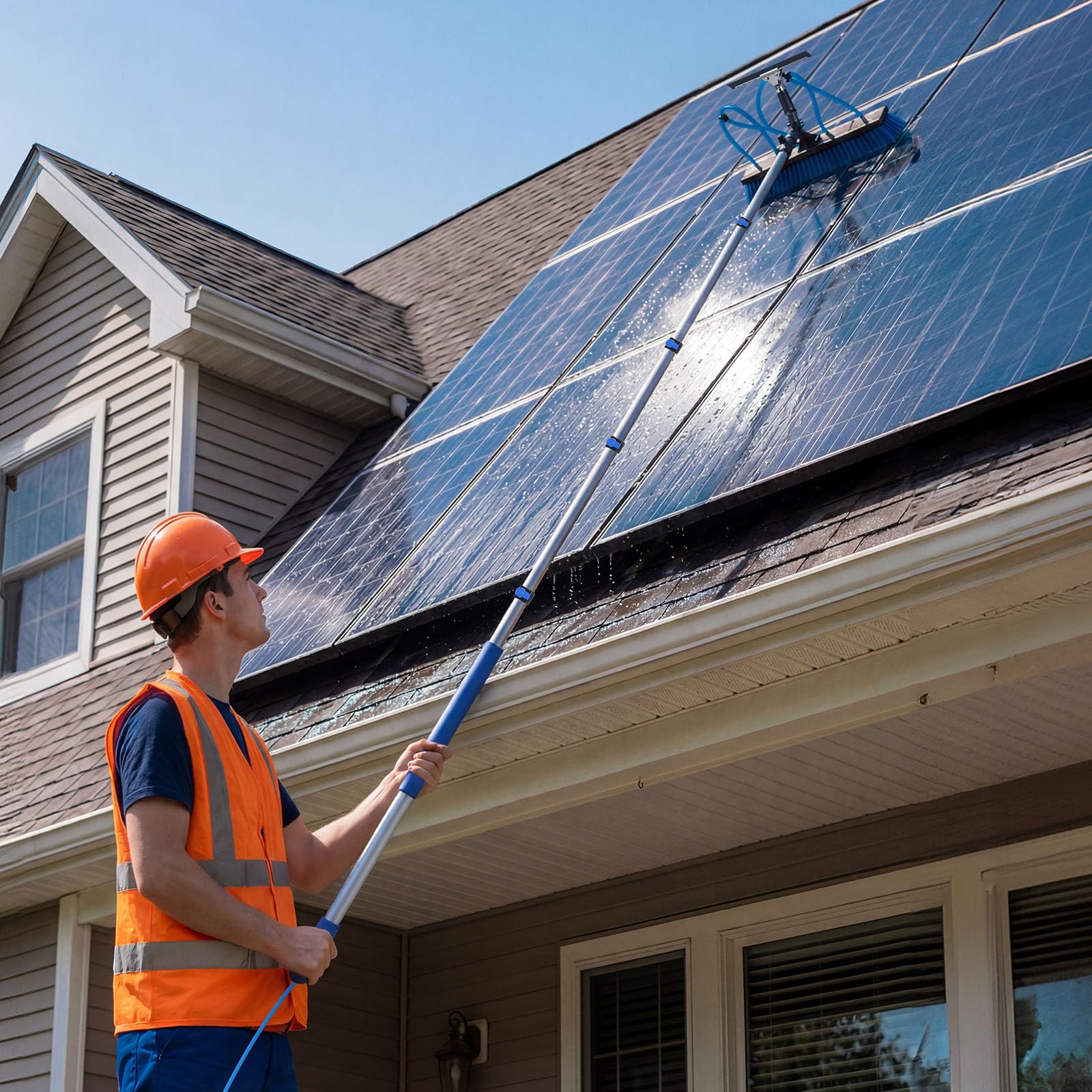 VEVOR Kit de Limpieza de Paneles Solares con Pértiga Telescópica 4,6 m, Suministro de Agua, Escobilla de Goma, Cabezal Giratorio 180°, Kit de Cepillo de Limpieza para Paneles Solares con Manguera 20 m