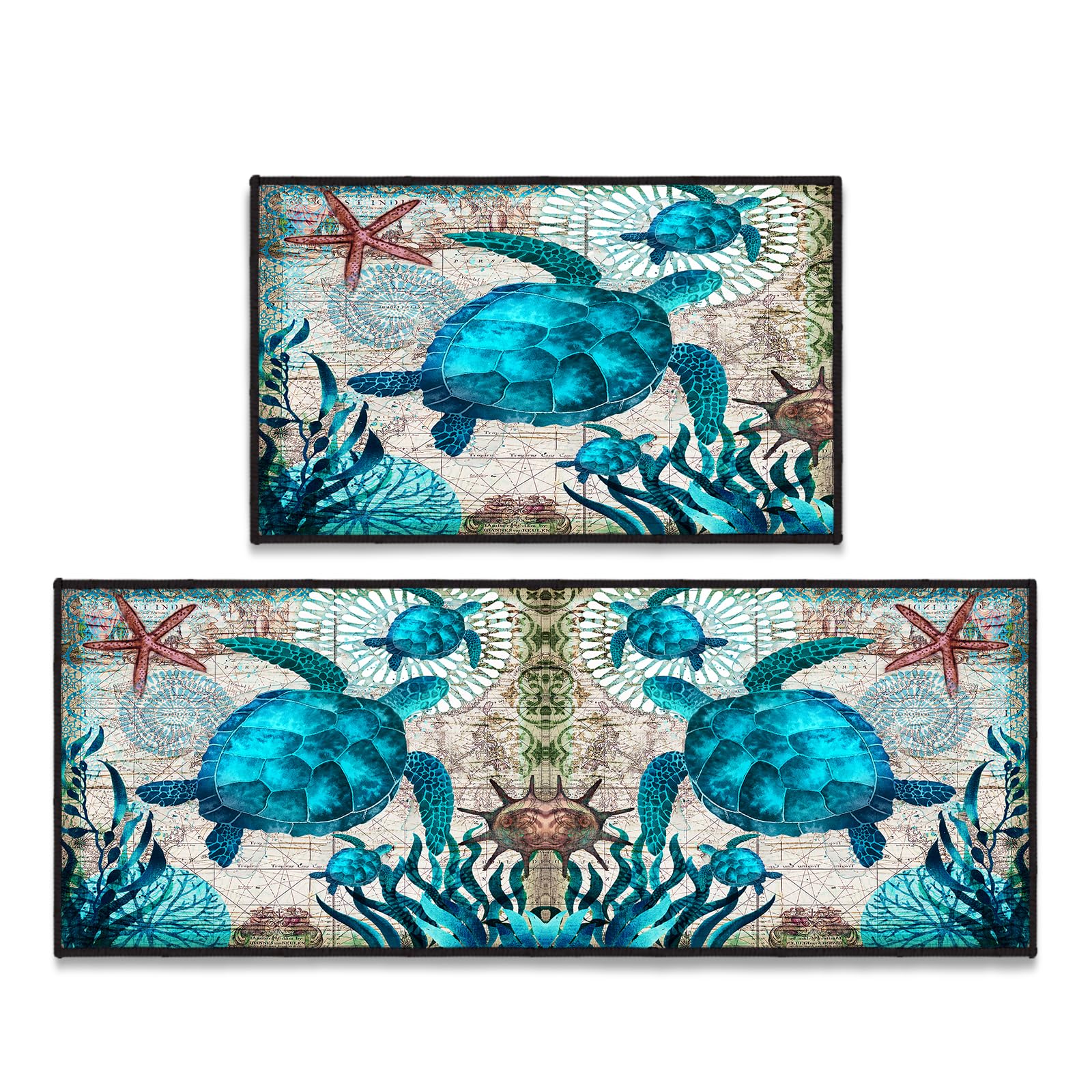 Sea Turtle Kitchen Mat Set of 2 Cushioned Anti Fatigue Mats for Kitchen Floor,Coastal Bathroom Runner Rug Turtles Beach Ocean Teal Marine Animal