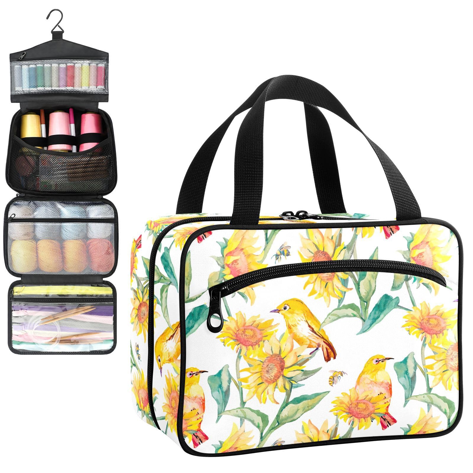 YNNALE Sewing Supply Organizer Bag, Sunflower Robin Bird Bee Portable Sewing Bags with Pockets&Hanger, Sewing Storage Box Case for Sew Supplies/Kit/Tools/Accessories (BAG ONLY)
