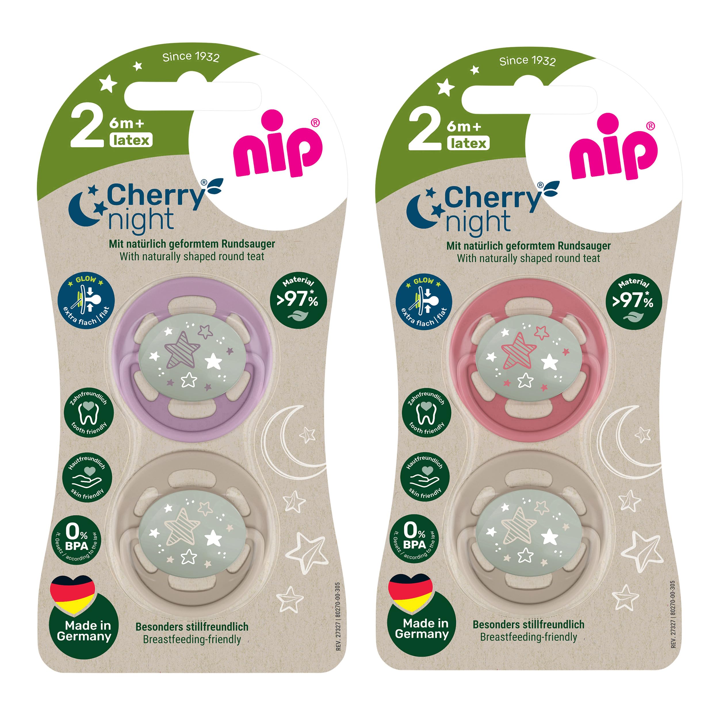 nip - Cherry Green Night | od 6 miesięcy | opakowanie 4 szt. | przyjazny dla żuchwy, przyjazny dla żuchwy, smoczek dziecięcy ze świecącym guzikiem. Trwały smoczek z naturalnych surowców, fioletowy