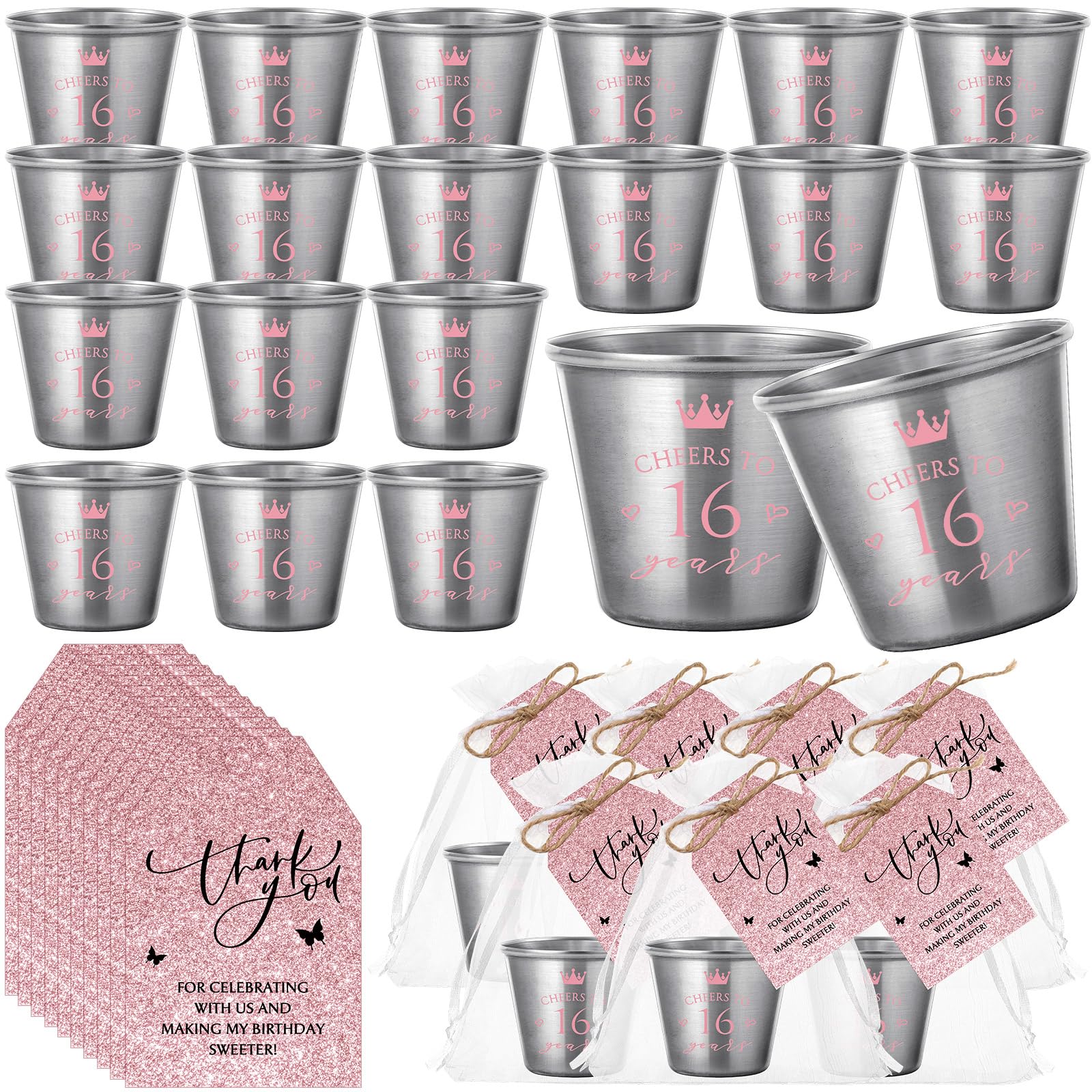 Verres à shot en inox et sachets organza pour cadeaux d'invités d'anniversaire 16 ans