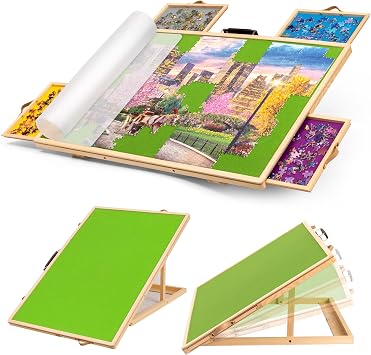 Tektalk Convertible Jigsaw Puzzle Board, Two-Way Use Adjustable Puzzle Table with Cover & 4 Colored Sorting Drawers, Tilting Wooden Plateau, for Up to 1000 Pieces Green