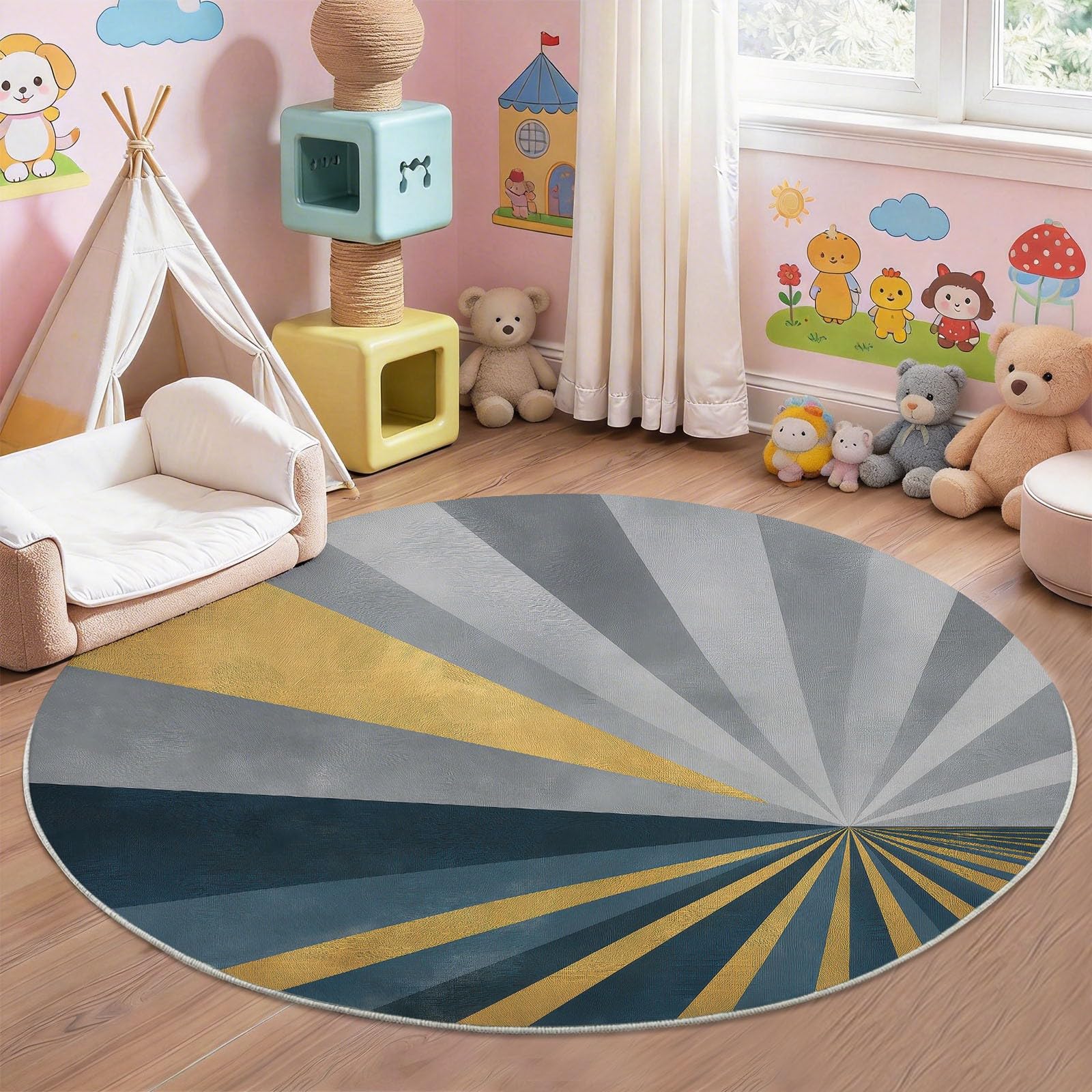 Tappeto rotondo 200 cm geometrico Art Deco Oro Strisce Radiali Patchwork Tappeto Rotondo Morbido Antiscivolo Lavabile Adatto per Camera da Letto Ingresso Sala da Pranzo Dormitorio Familiare