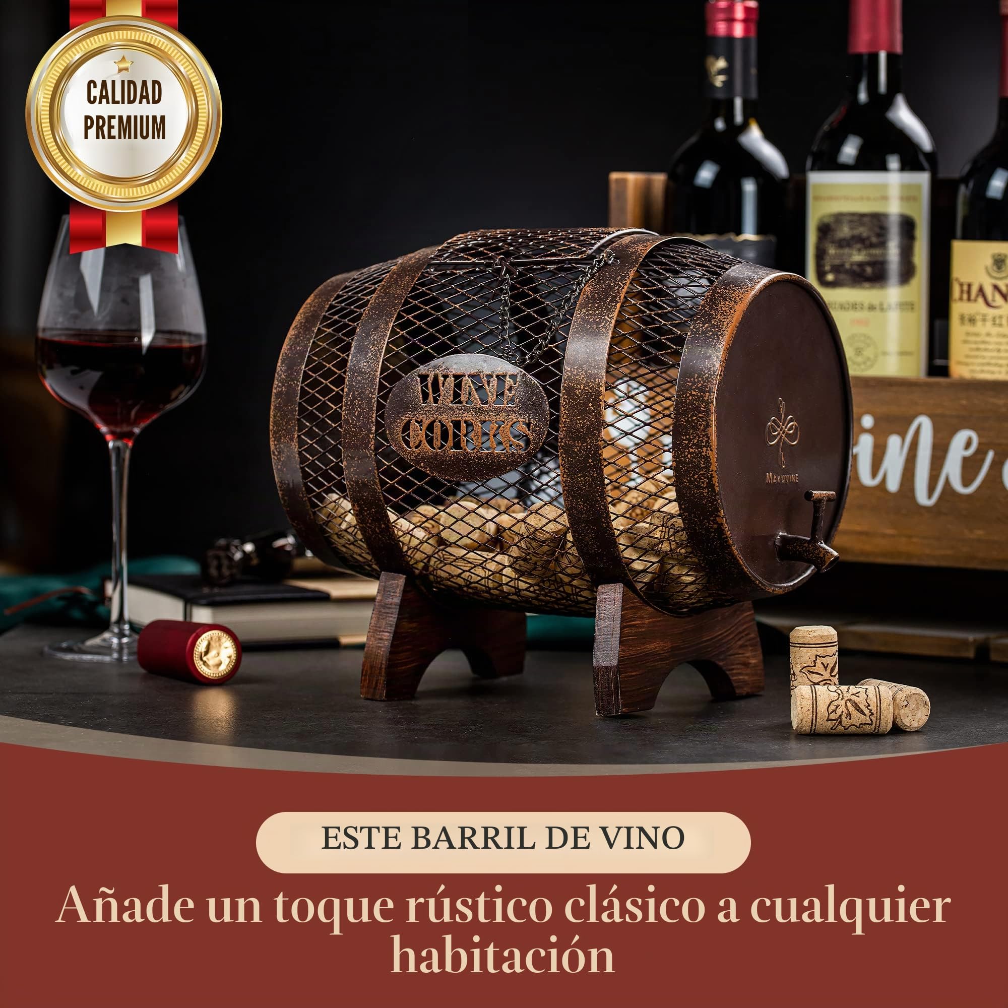 Soporte de metal rústico para corcho de vino en soporte de madera, contenedor para exhibición, decoración del hogar, regalos de inauguración de la casa, decoración de bar en casa, regalos de