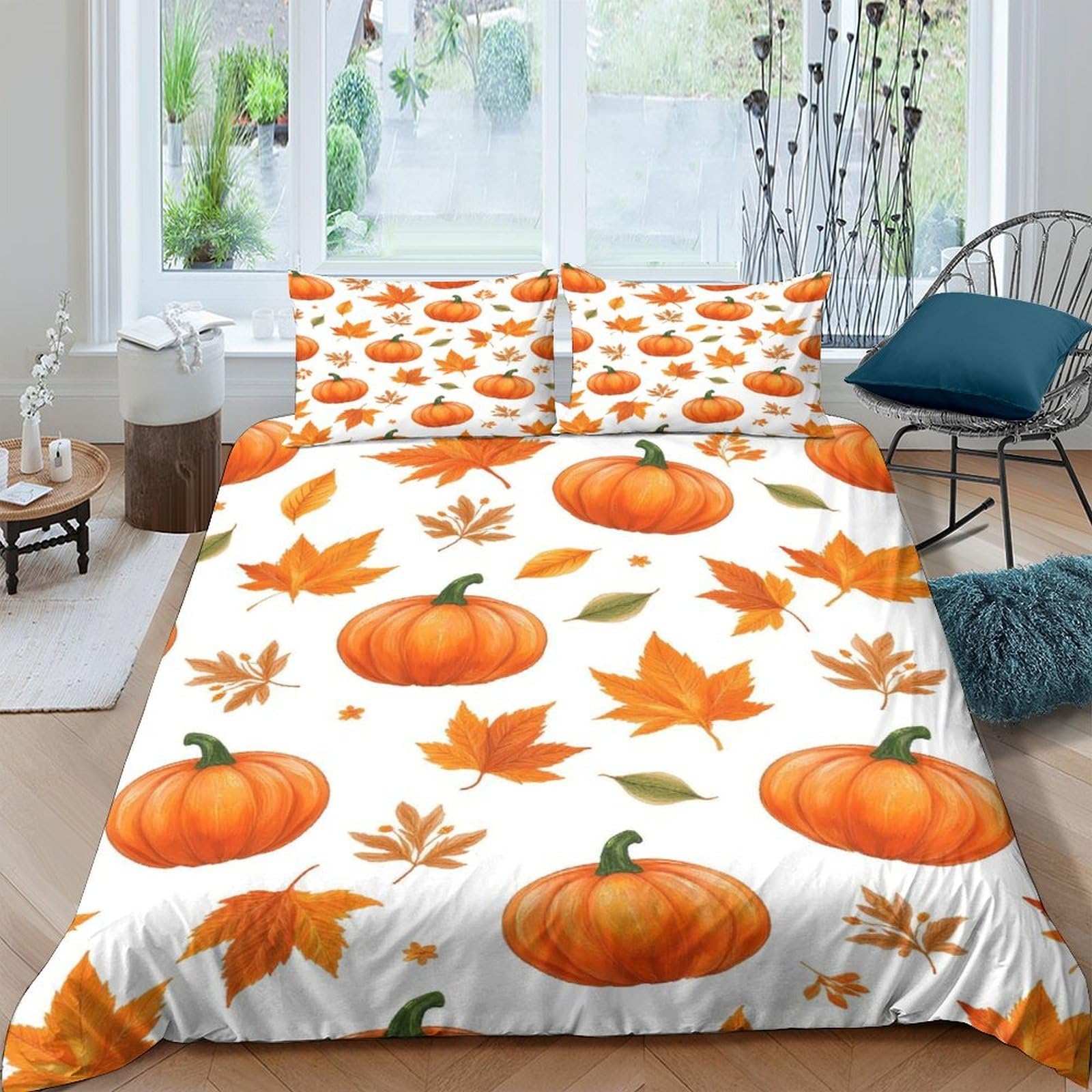 Ctjqhvkz Style-5 3D Printed Pumpkin Autumn Leaves Fitted Sheet Microfiber Soft Breathable Fall Maple Bed Sheet For Bedroom Sofa Decor Single（135X200cm）
