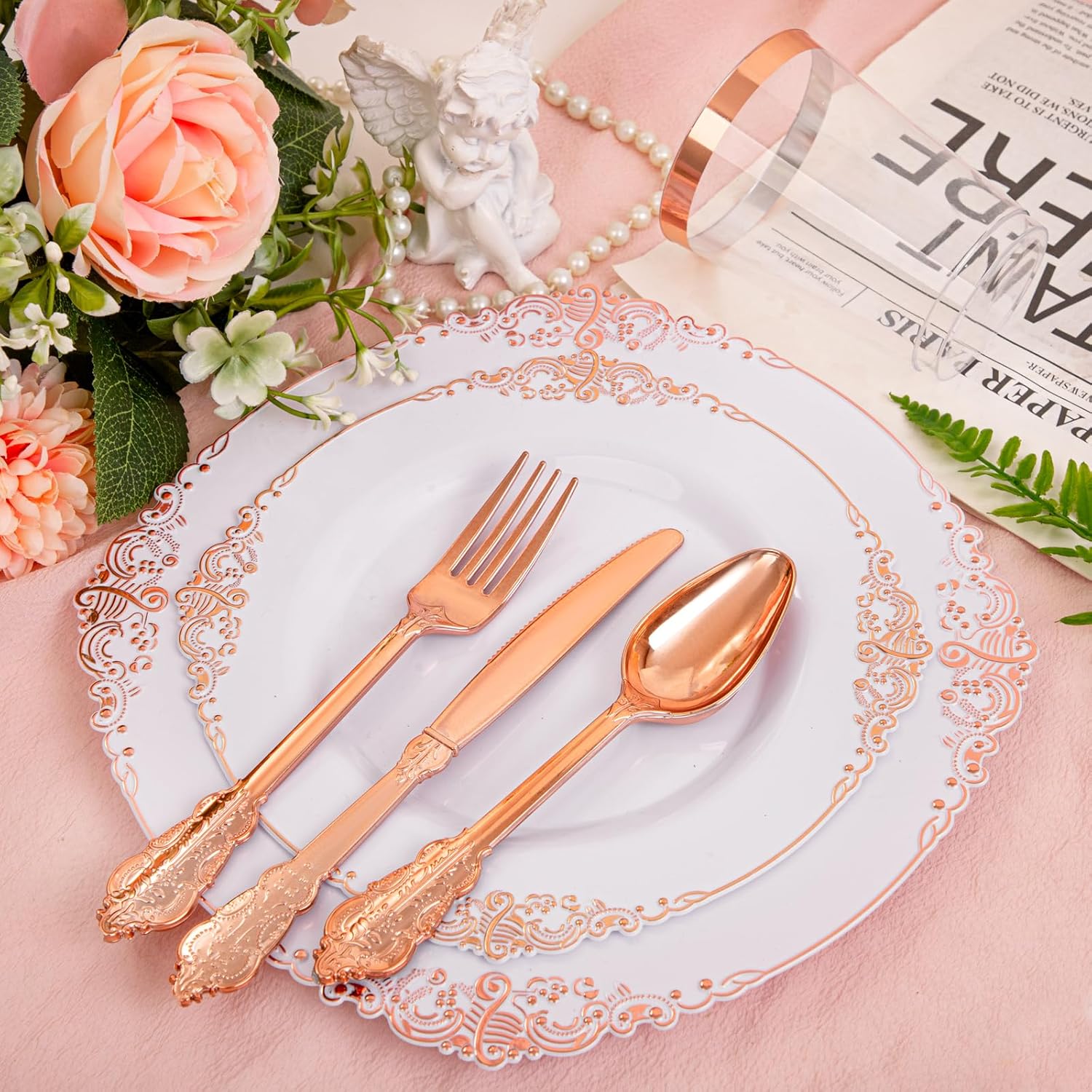 Morejoy 175PCS Rose Gold & Silver Plastic Dinnerware Set: 25 Plates, 25 Forks, 25 Knives, 25 Spoons, 25 Cups, 25 Napkins - Perfect for Wedding & Party - Image 3
