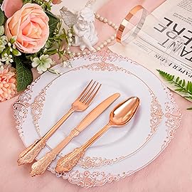 Morejoy 175PCS Rose Gold & Silver Plastic Dinnerware Set: 25 Plates, 25 Forks, 25 Knives, 25 Spoons, 25 Cups, 25 Napkins - Perfect for Wedding & Party