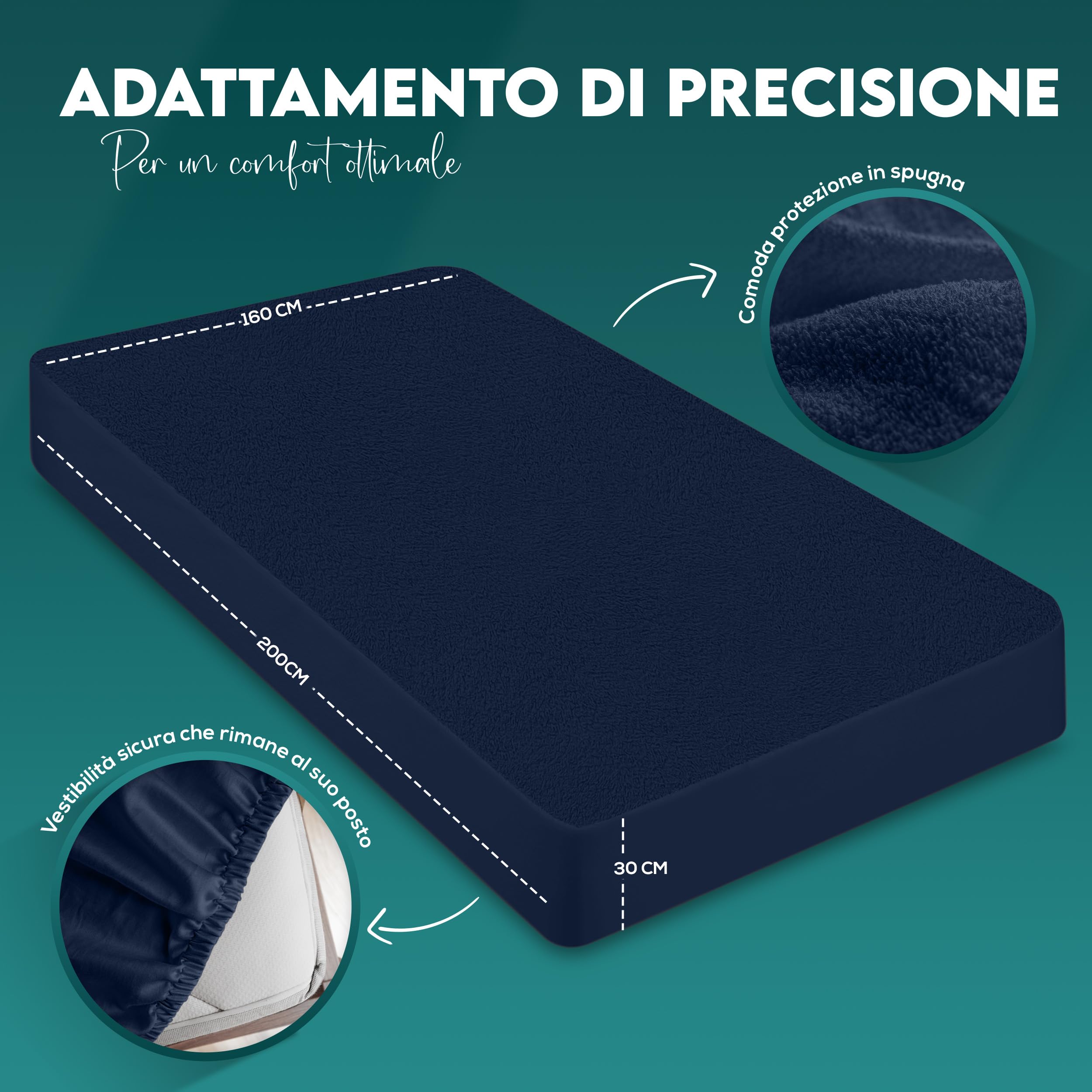 Utopia Bedding Coprimaterasso Matrimoniale Impermeabile 160 x 200 x 30 cm, Certificato OEKO-TEX, Proteggi Materasso, Traspirante, Lavabile, Stile Montato Tutto Intorno Elastico Blu Marino