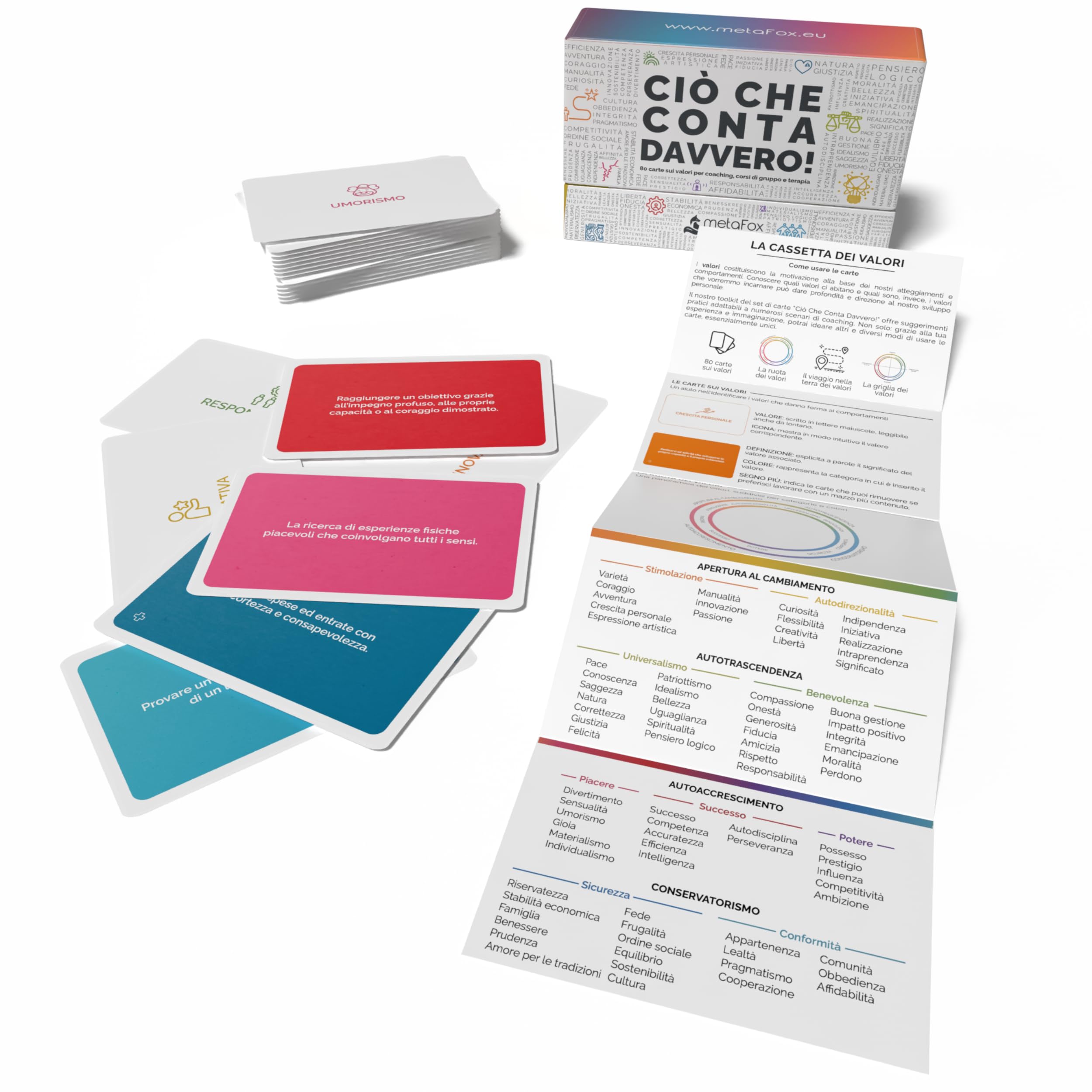 “Ciò Che Conta Davvero!” Carte di metaFox Sui valori – 80 Carte da Coaching per laboratori, terapia, Auto-riflessione e Leadership, Con supporto al dialogo, Team Building e affermazioni