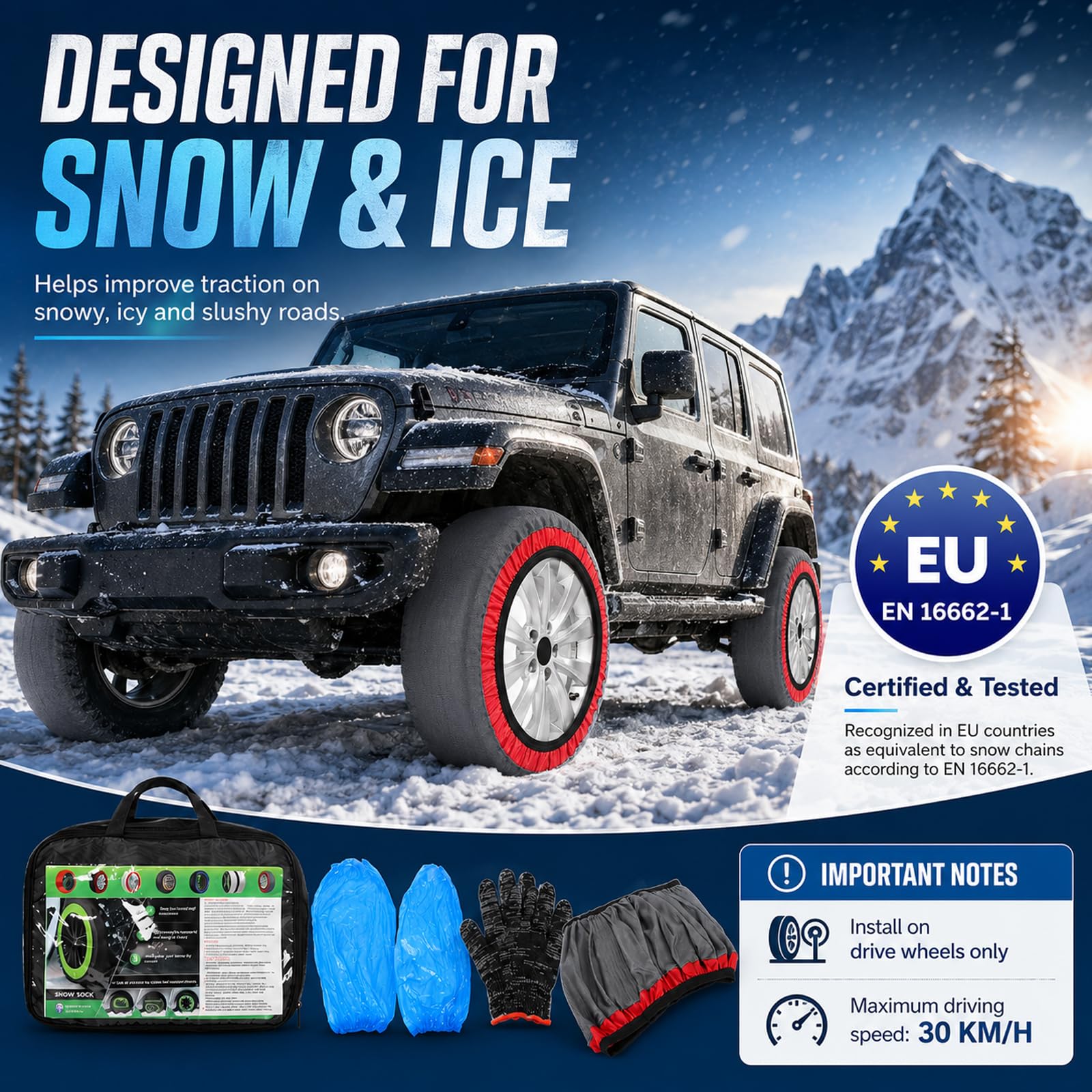 Cadenas textiles para nieve – Juego antideslizante con 2 cadenas + guantes