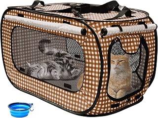 Rolscaler Portable Cat Cage Kennels for Cats Outdoor Travel, Portable Pop Up Cat Travel Cage, Portable Cat Condo, Cat Bed Collection for Medium Large Cats (Brown)