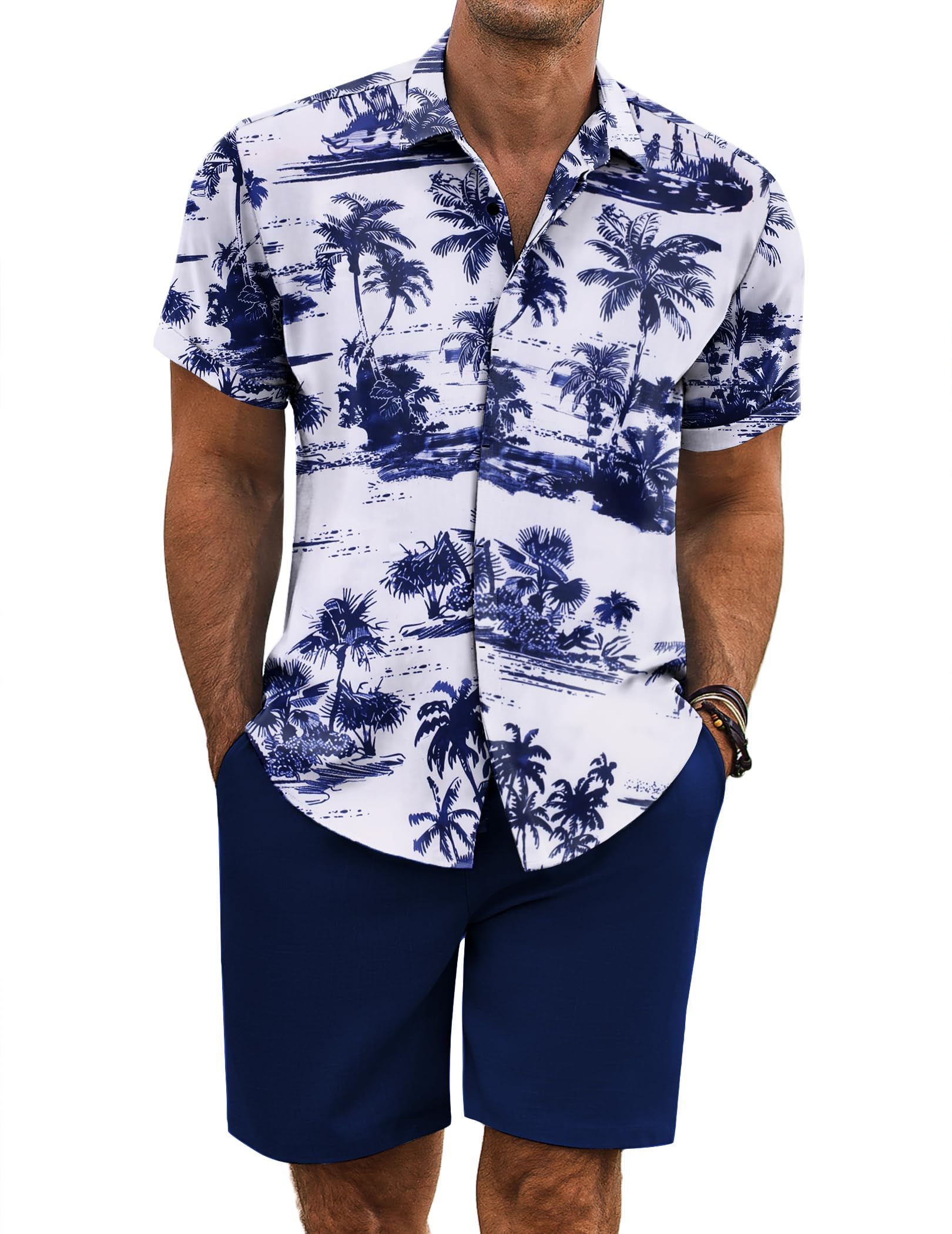 COOFANDY Men's Summer Beach Outfits 2 Piece Short Sleeve Shirts and Shorts Vacation Texture Linen Sets for Men