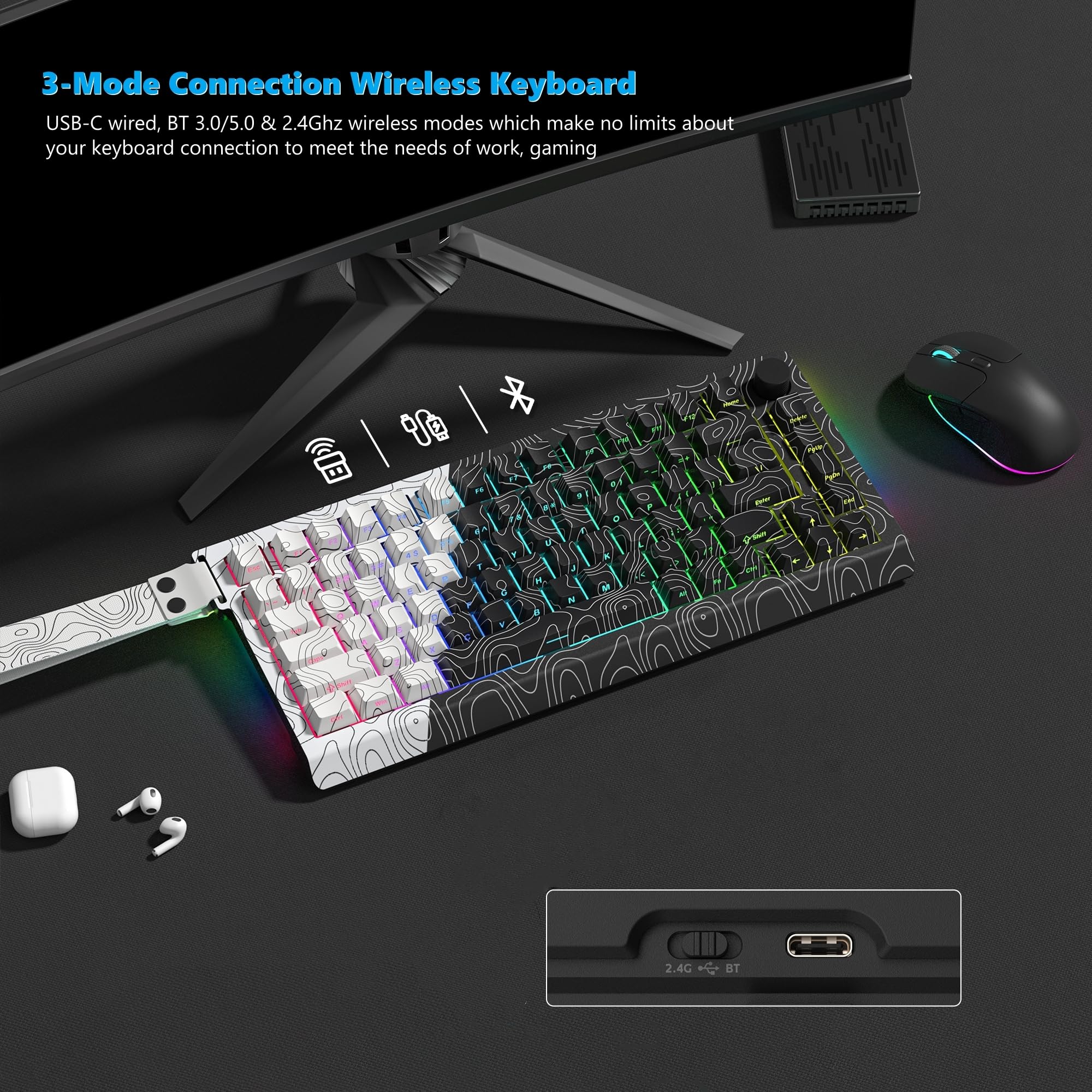 Womier 75% Wireless Mechanical Gaming Keyboard with Topographic Strap,QMK/VIA Creamy Keyboard, RGB Custom Hot Swappable Key Board, PBT Keycaps for Windows & Mac - POM Linear Switch(Q75)