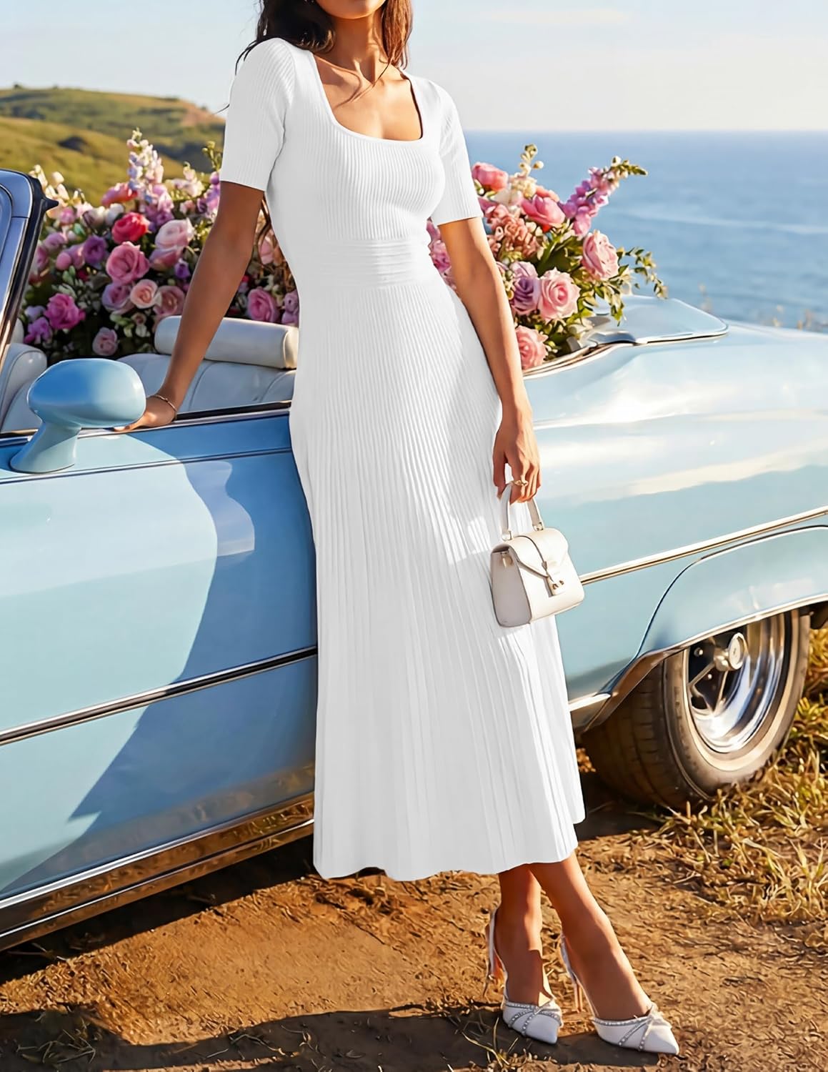 ZESICA Womens Summer Pleated Midi Dress 2026 Spring Business Casual Short Sleeve A-Line Elegant Wedding Guest Party Dresses - Image 2