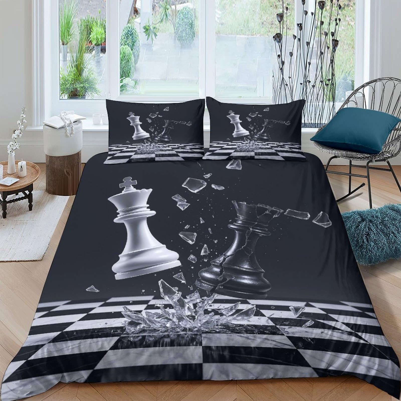 Ctjqhvkz Style-1 3D Printed Chess King Fitted Sheet Microfiber Black White Chessboard Mattress Cover Anti-Slip For Bedroom Home Single（135X200cm）
