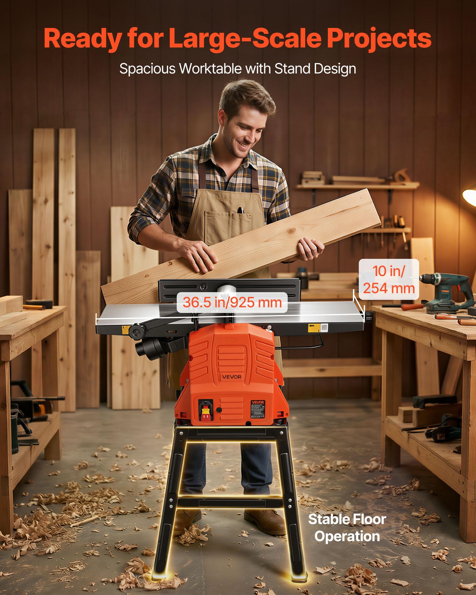 VEVOR Raboteuse Dégauchisseuse 2,4 hp Dégauchisseuse d'Établi 25,4x92,5 cm pour Bricolage Menuiserie, 8000 tr/min, avec Support, Tête de Coupe Droite à 2 Lames, Profondeur de Coupe Réglable 0-3 mm