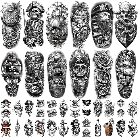 77 Sheets Pirate Skull Temporary Tattoo for Women Men, 17 Sheets Half Arm Large Flo...