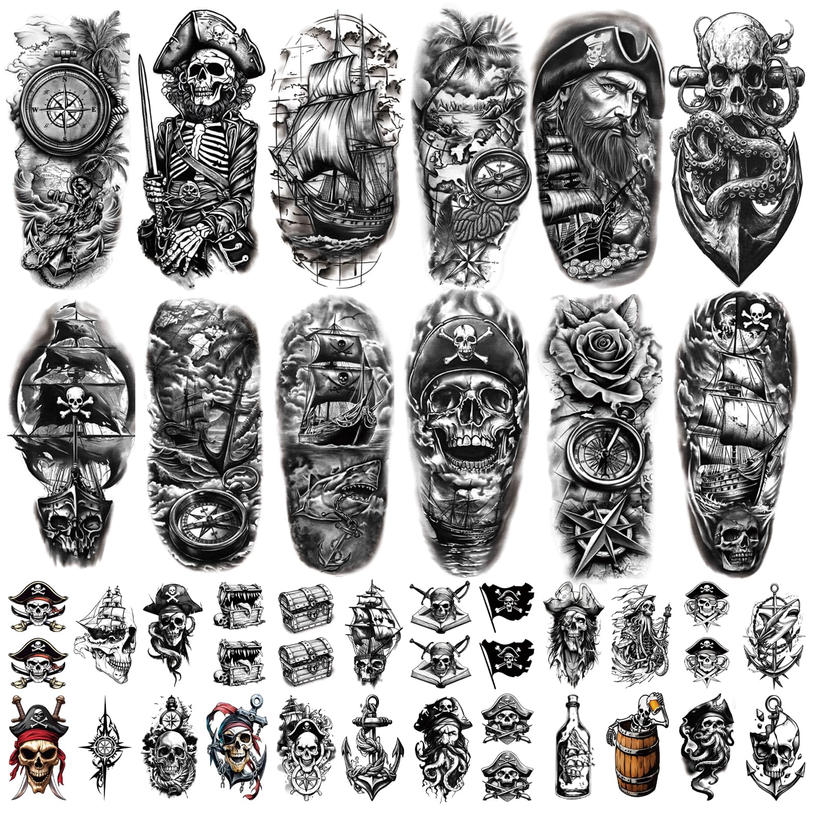 77 Sheets Pirate Skull Temporary Tattoo for Women Men, 17 Sheets Half Arm Large Flower Skeleton Octopus Fake Tattoos, 60 Sheets Anchor Clock Black