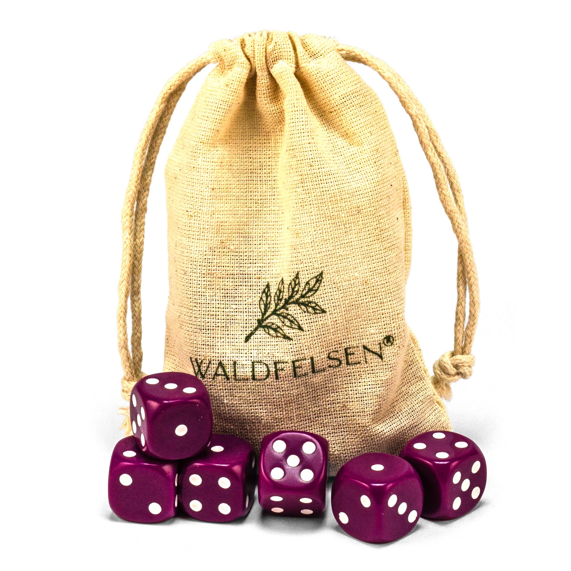 Waldfelsen 6, 12, 20, 30 oder 50 hochqualitative Würfel Standardgröße 16 mm Acrylwürfel Knobel Spielwürfel Dice 6-seitig sechsseitig Spielzubehör Set mit Stoffbeutel (Lila, 6 Stück)