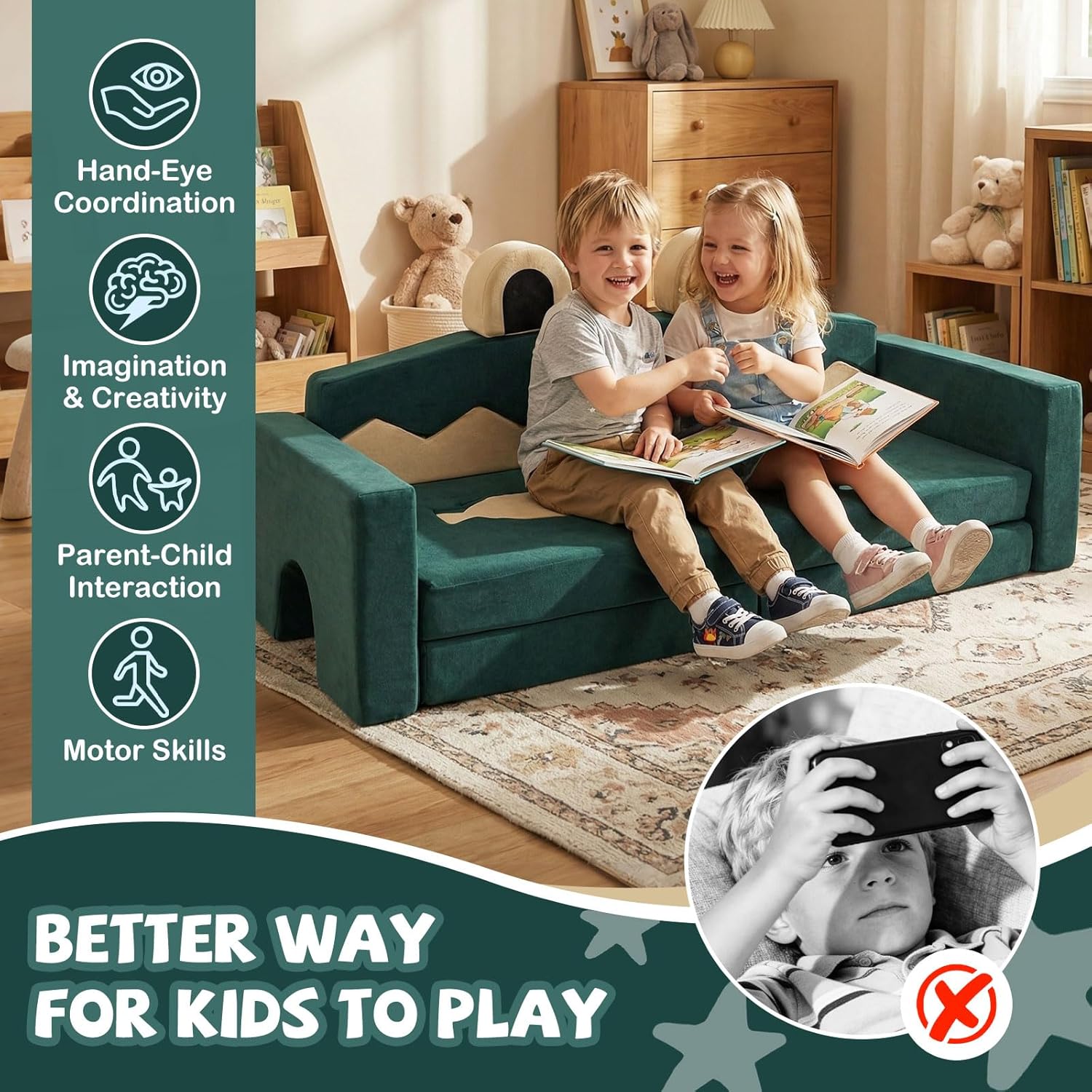 Costzon Modular Kids Play Couch, Snow Mountain Theme Toddler Foam Building Fort for Inspiring Creativity, Convertible Foam and Floor Cushion for Boys Girls for Playroom, Bedroom Gifts (Crocodile)