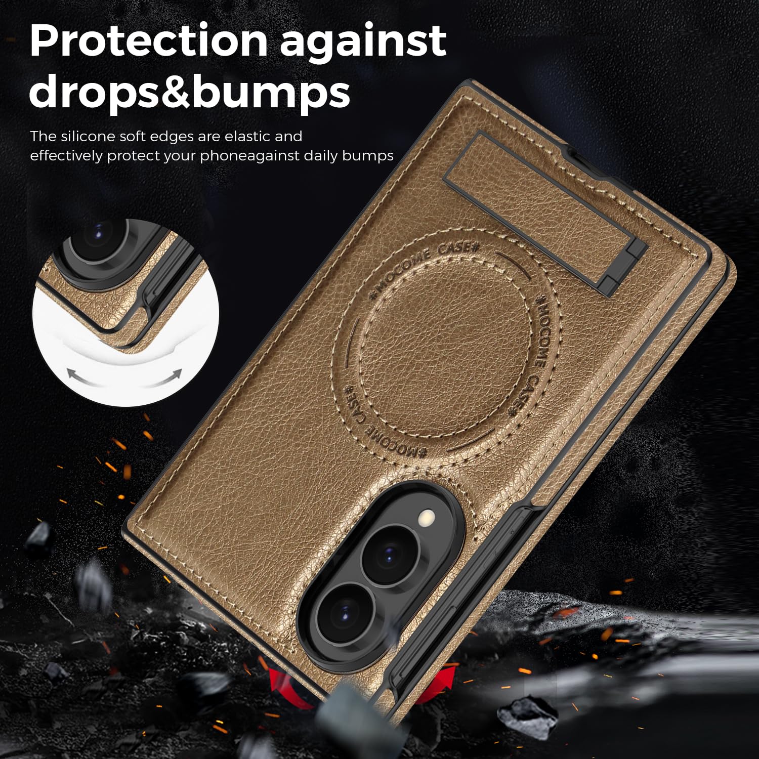 Funda para Samsung Galaxy Z Fold 8 con Soporte Integrado, Dorado | Soporte Ajustable hasta 60°, Anillo Magnético Integrado, Estructura de PC y TPU, Bordes Elevados, Acabado Exterior de PU