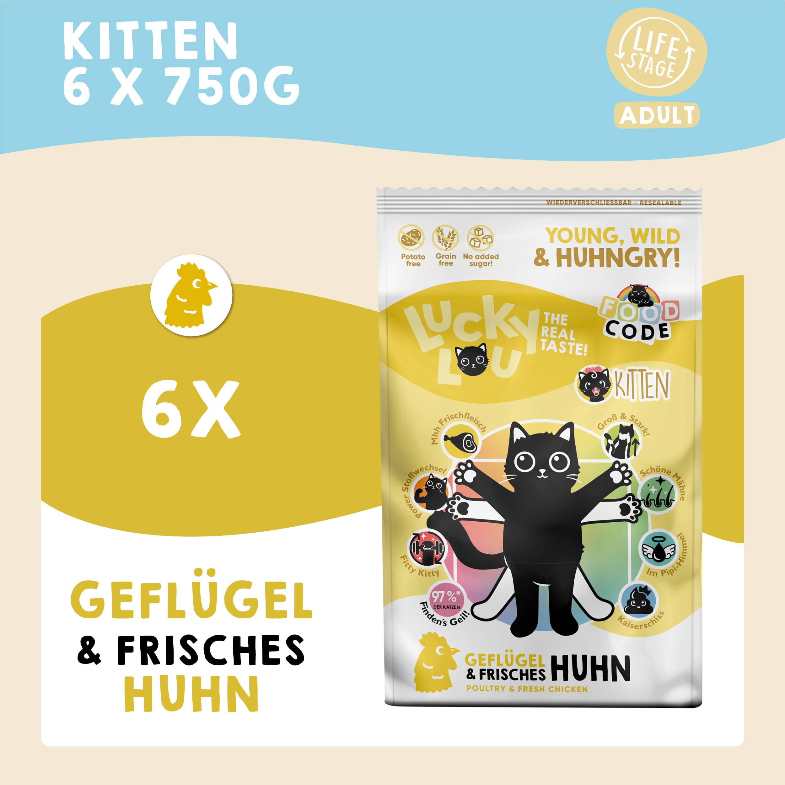 Lucky Lou Kitten Trockenfutter für Junge Katzen - 6 x 750g Geflügel & Huhn - Food Code Katzenfutter trocken für sterilisierte Katzen, ohne Getreide & Zucker