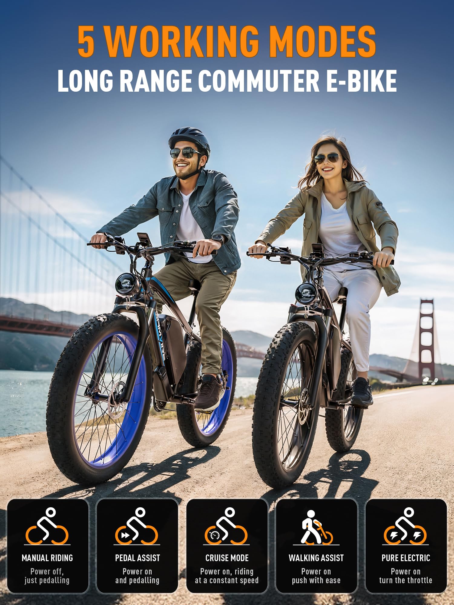 E-Bike für Erwachsene, 26 Zoll Fat Tire Elektrofahrrad, 52V 19,2Ah Akku, bis zu 120 km Reichweite, 250W Motor mit 90Nm Drehmoment, Hydraulische Scheibenbremsen, 21-Gang, für Pendeln & Freizeit