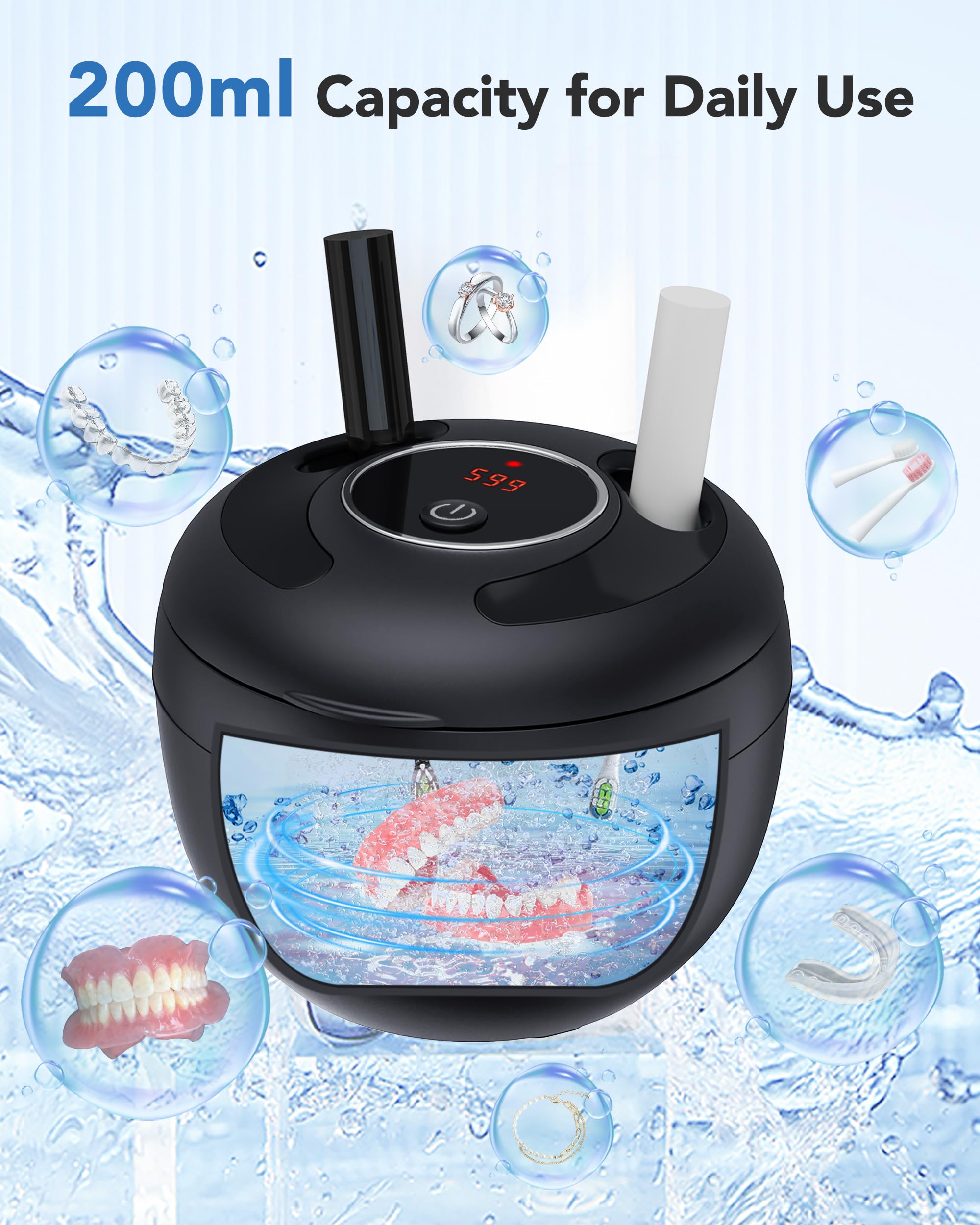 Nettoyeur Ultrasons Appareils Dentaires 45kHz Bac Ultrasons UV Lampe INOX 304 Ultrasonic Cleaner 200ML