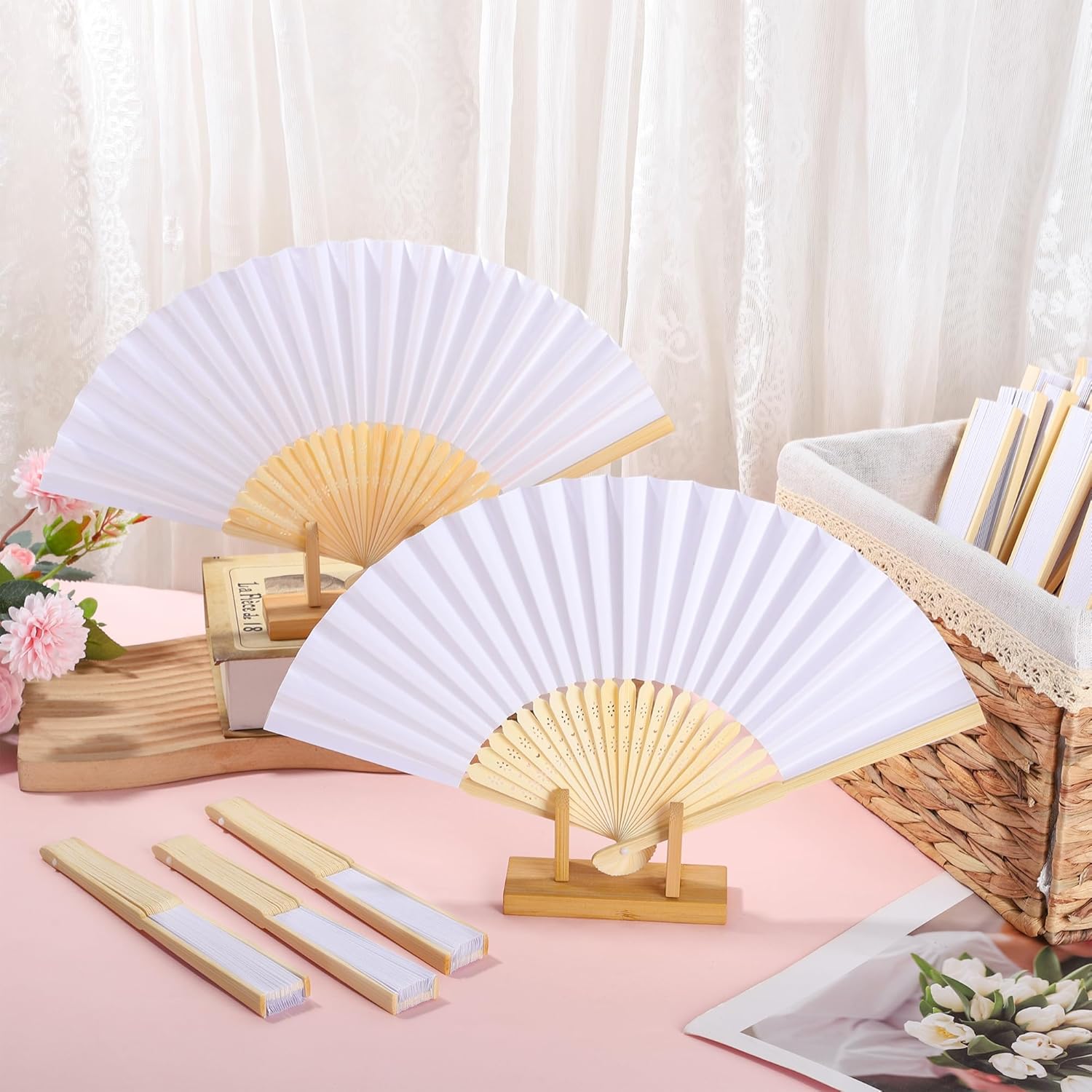 Aodaer 150 Pieces White Paper Fans Folding Fans with Foldable Storage Basket Bamboo Handheld Fan for Guests Wedding Bridal Party Favor Baby Shower Decoration DIY Supplies
