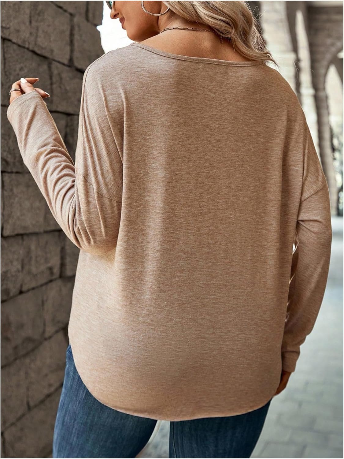 SOLY HUX Women's Plus Size T Shirt V Neck Long Sleeve Button Tee Drop Shoulder Casual Fall Tops - Image 2