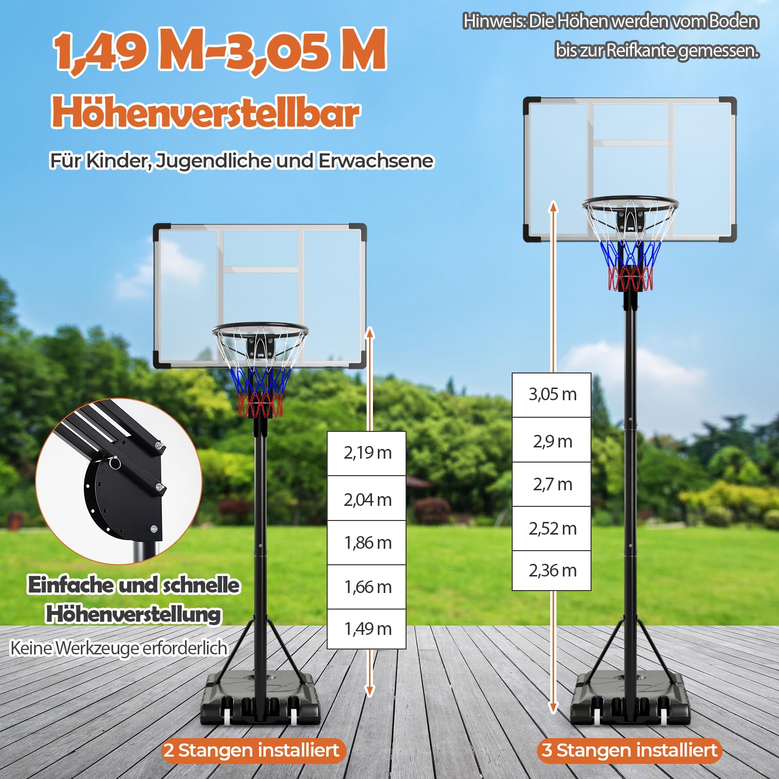 GYMAX Aro de Baloncesto Portátil Interior y Exterior, Sistema de Aro de Baloncesto Ajustable en Altura con Tablero Resistente a Roturas, Base Rellenable, Ruedas y Bolsa de Peso para Niños y Adultos