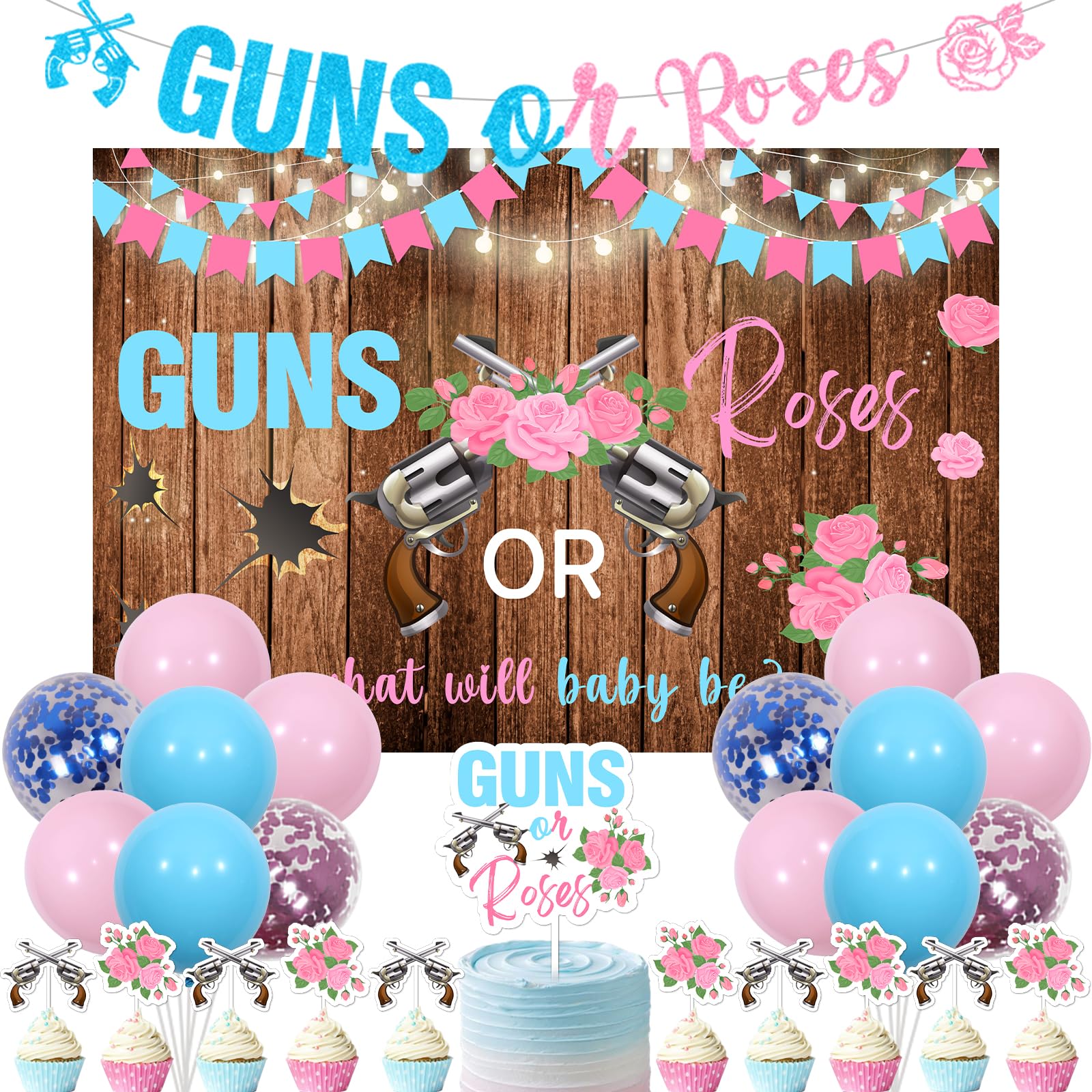 Guns Or Roses Gender Reveal Decorations Kit - Backdrop, Banner, Cake Topper, Cupcake Toppers, Balloons