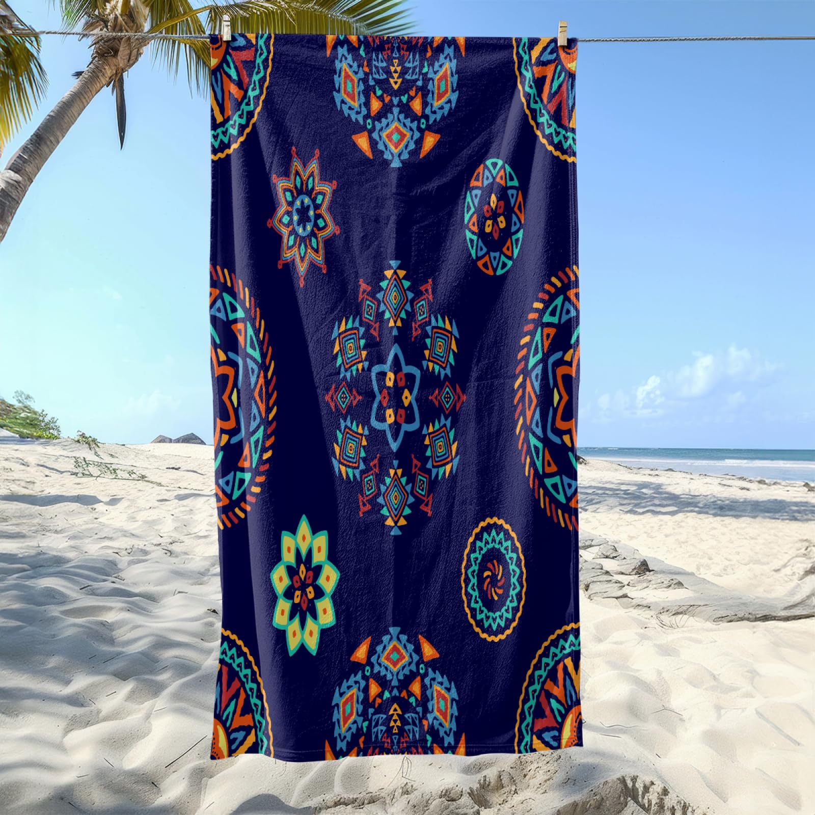 Serviette de Plage Mandala Bleu Orange Drap de Plage Anti Sable Portable Serviette de Bain XXL Piscine Toilette Sport Microfibre Ultraléger Towel Absorbant Séchage Rapide 200x220
