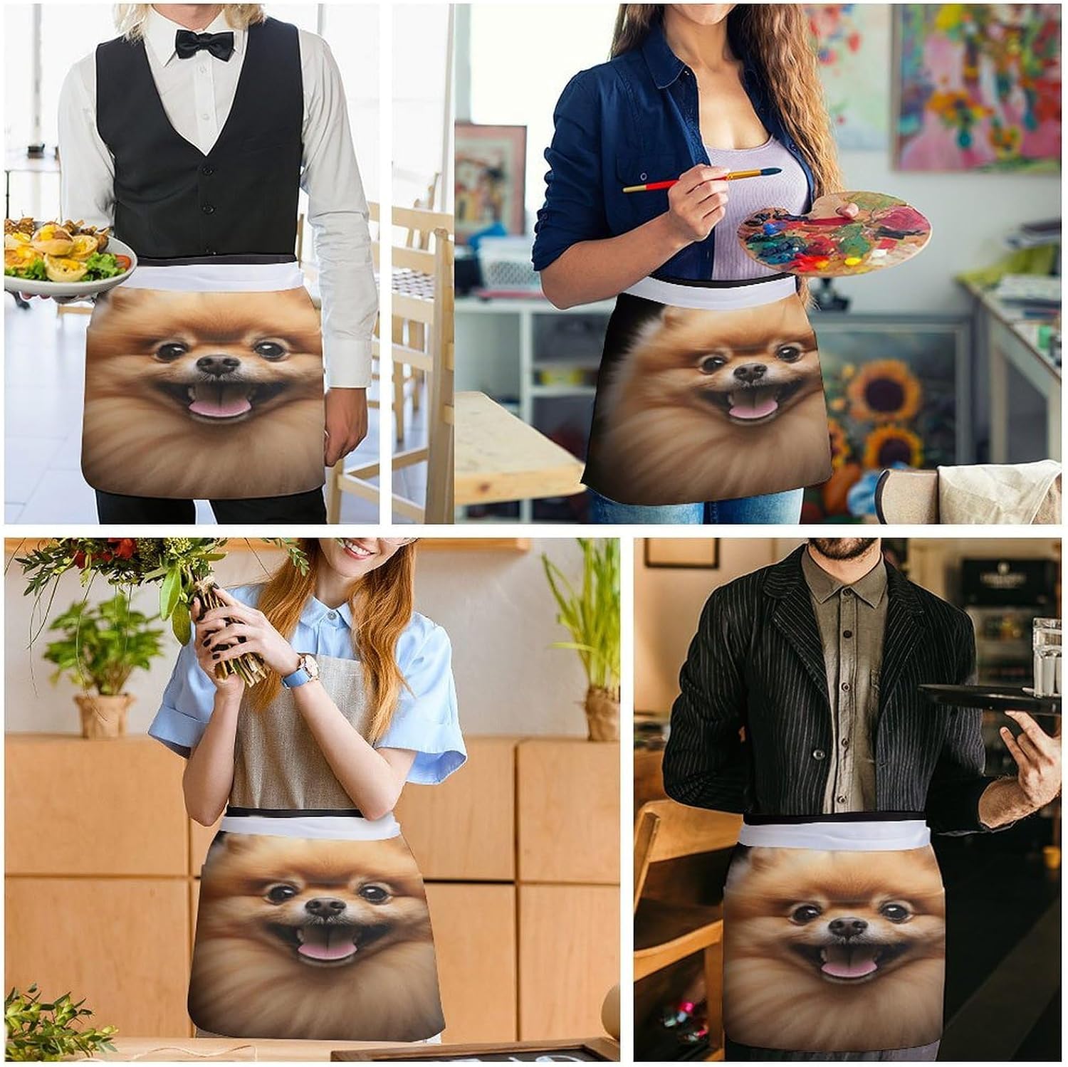 Pomeranian Server Aprons for Women And Men Waterproof Half Apron with 3 Pockets Deluxe Oxford Fabric Waist Aprons Adjustable Chef Apron for Kitchen Bar Home