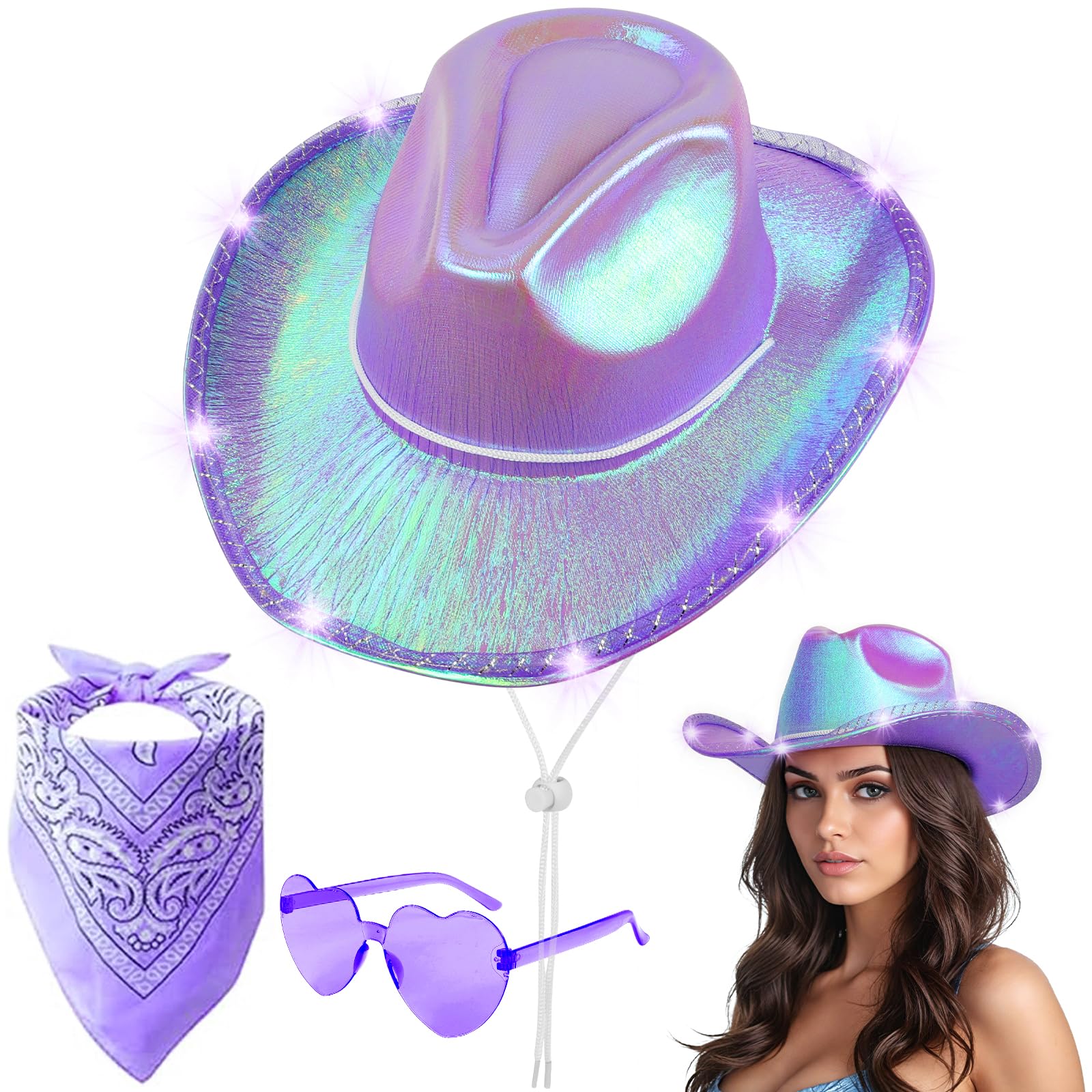 Aomig 3Pcs Cowboy Hat Fancy Dress Accessory, Cowboy Costume Set with Paisley Bandanna and Glasses Western Cowboy Fancy Dress Costume for Birthday Halloween Bachelorette Bachelor Party Cosplay(Purple) โ image 1