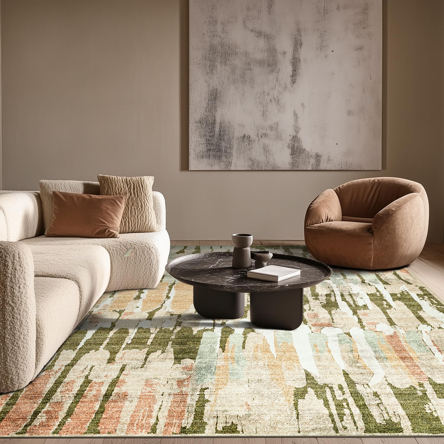 jinchan Area Rug 8x10 Modern Abstract Washable Living Room Rug Moss Green Multi Soft Contemporary Home Decor Non Slip Backing Carpet for Bedroom