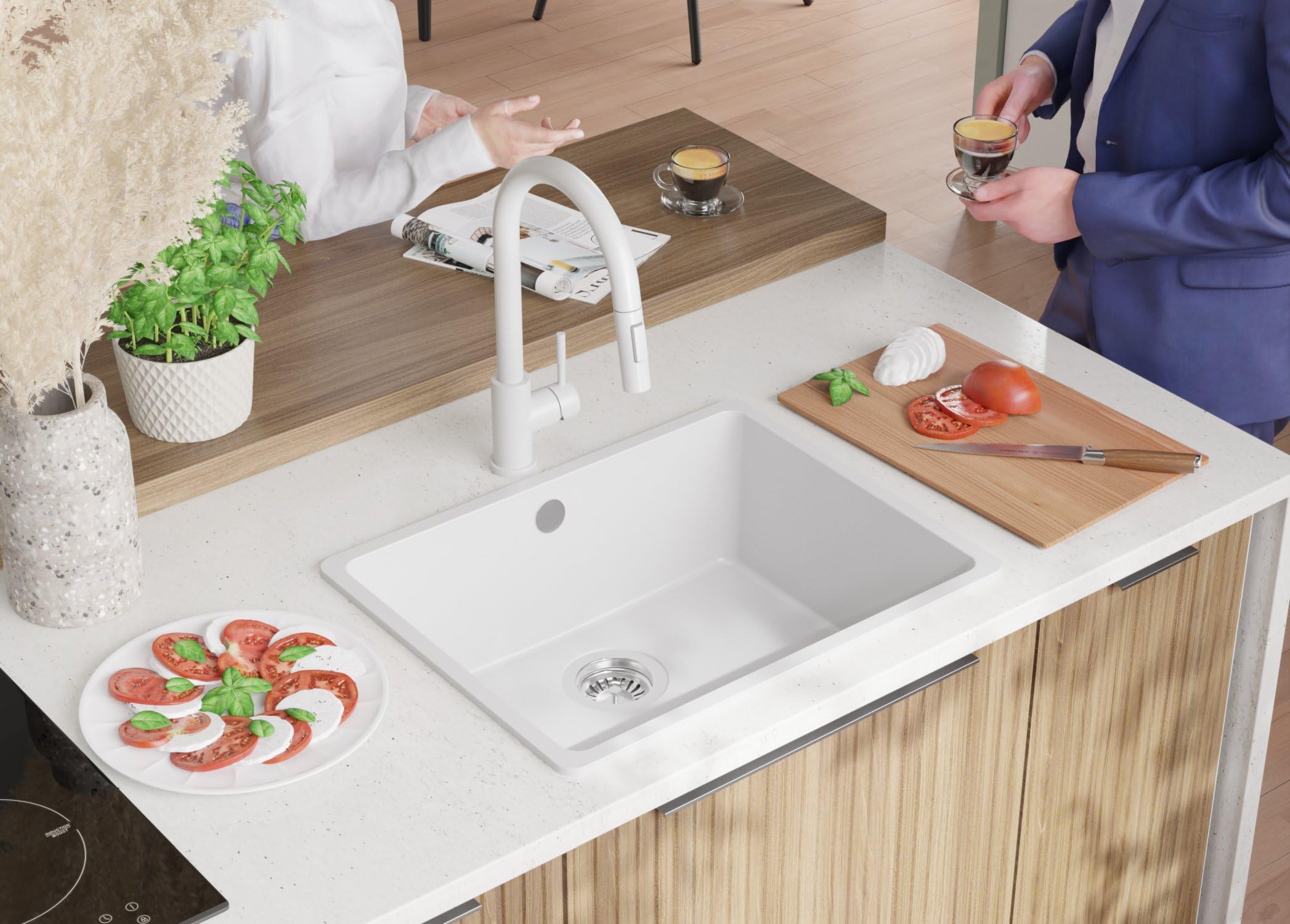 PRIMAGRAN Fregadero Granito Blanco - Venecia Easy Slim, 56x44cm | Cocina 1 Seno + Grifo 32x20cm + Set de accesorios, sobre Encimera al Mueble 60cm (S073)