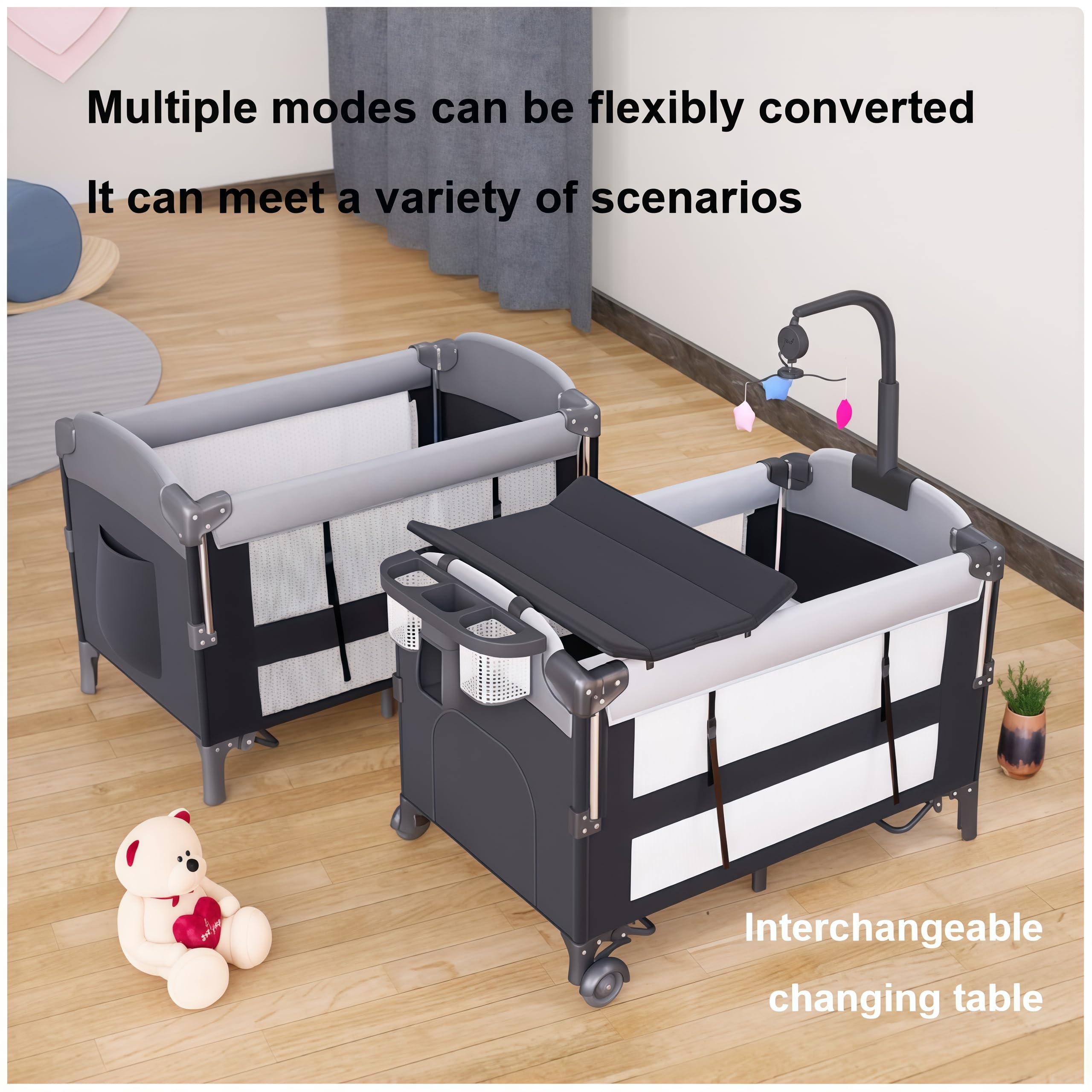 Lettino convertibile 3 in 1 con tavolo per pannolini, lettino portatile, lettini da comodino, struttura in metallo, 125 x 65 x 76 cm, include materasso, zanzariera, scaffale per giocattoli