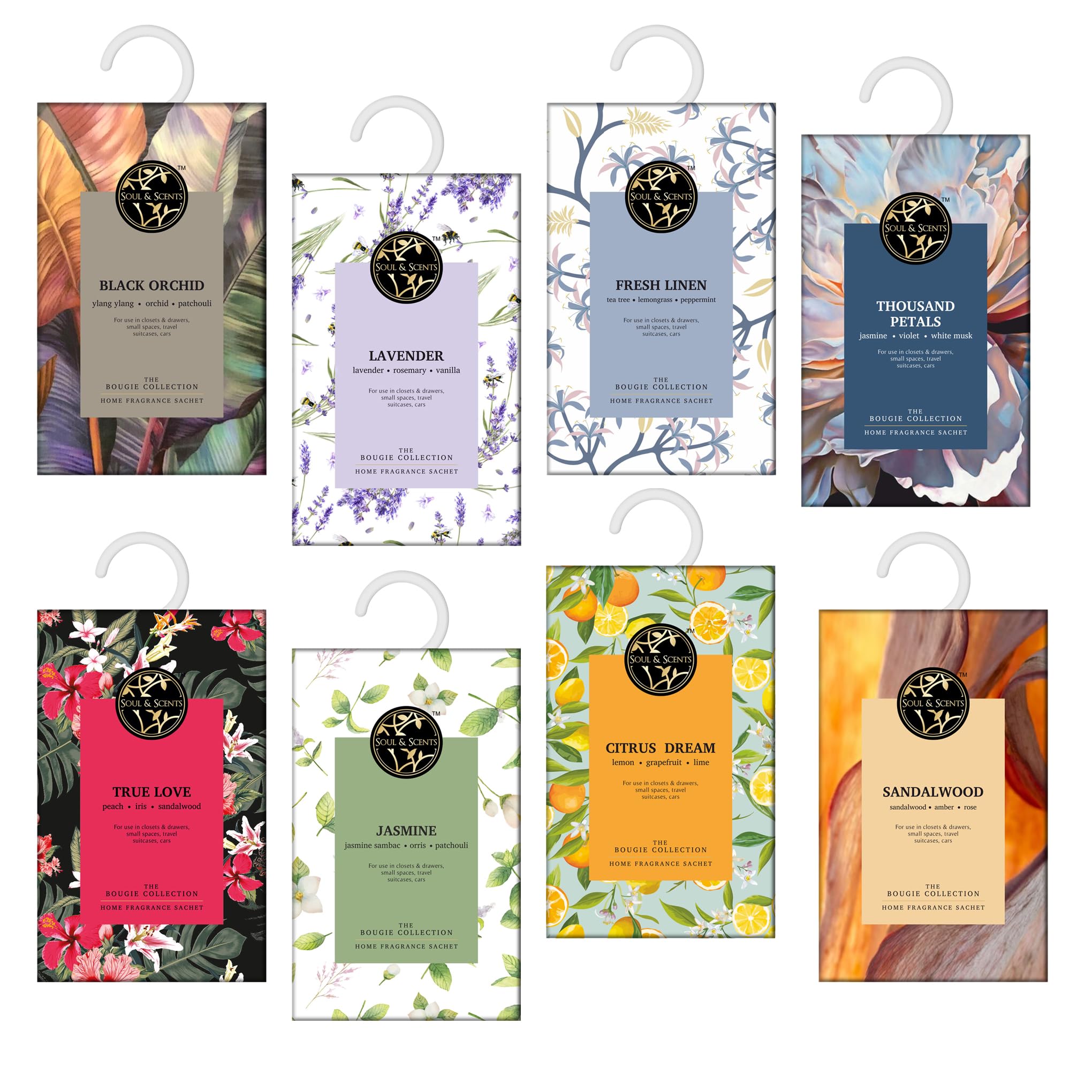 Fragrance Sachet Pack of 8-20gm Each | Lavender, Jasmine, Sundried Linen, Vanilla, Sandalwood, Ocean, Lemongrass & White Tea - for Car, Wardrobe, Kitchen & Travel Bag