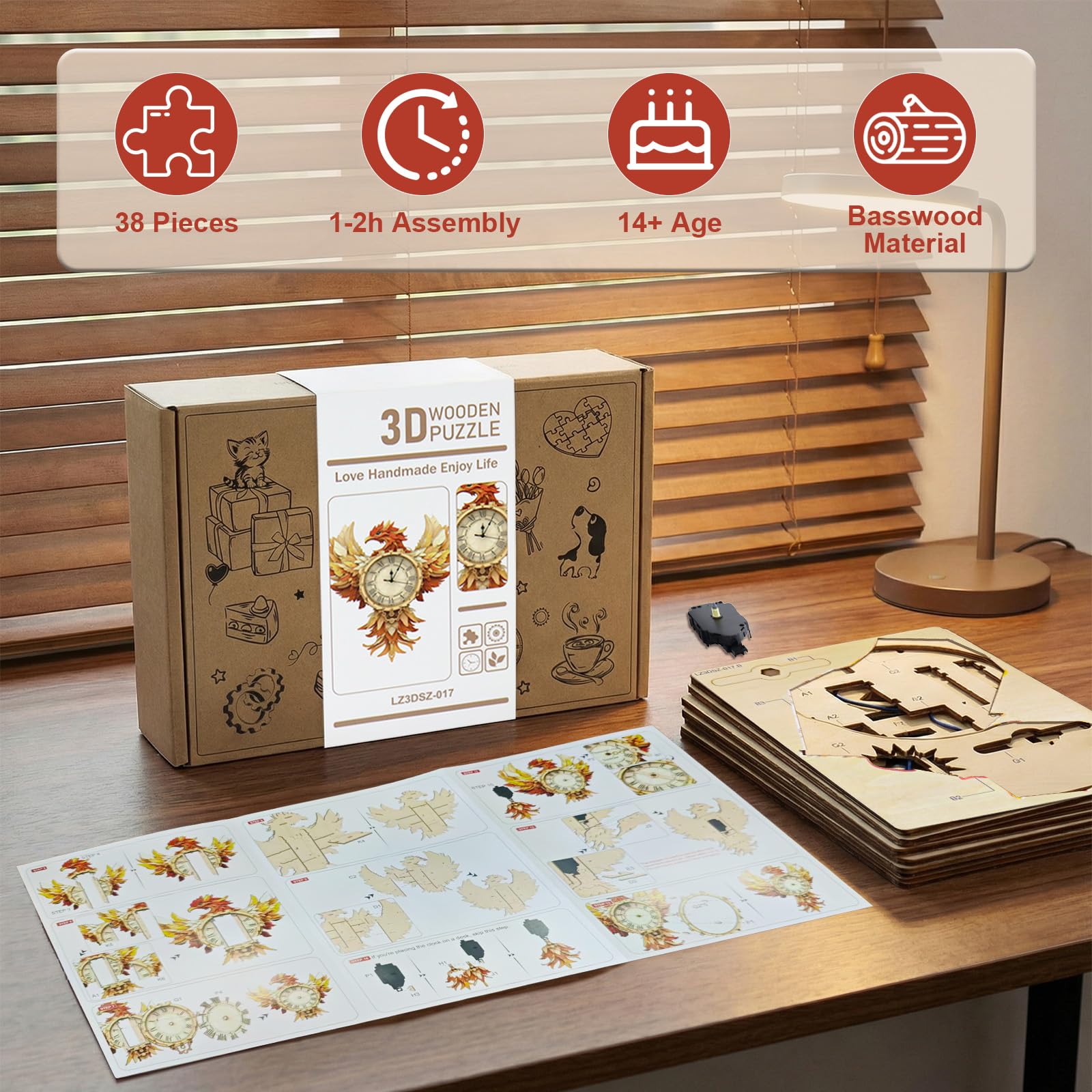 Puzzle in legno 3D per adulti, kit di orologio da parete meccanico fenice, kit di modelli in legno da costruire, regalo puzzle fai da te, decorazione per la casa, regali creativi per uomini