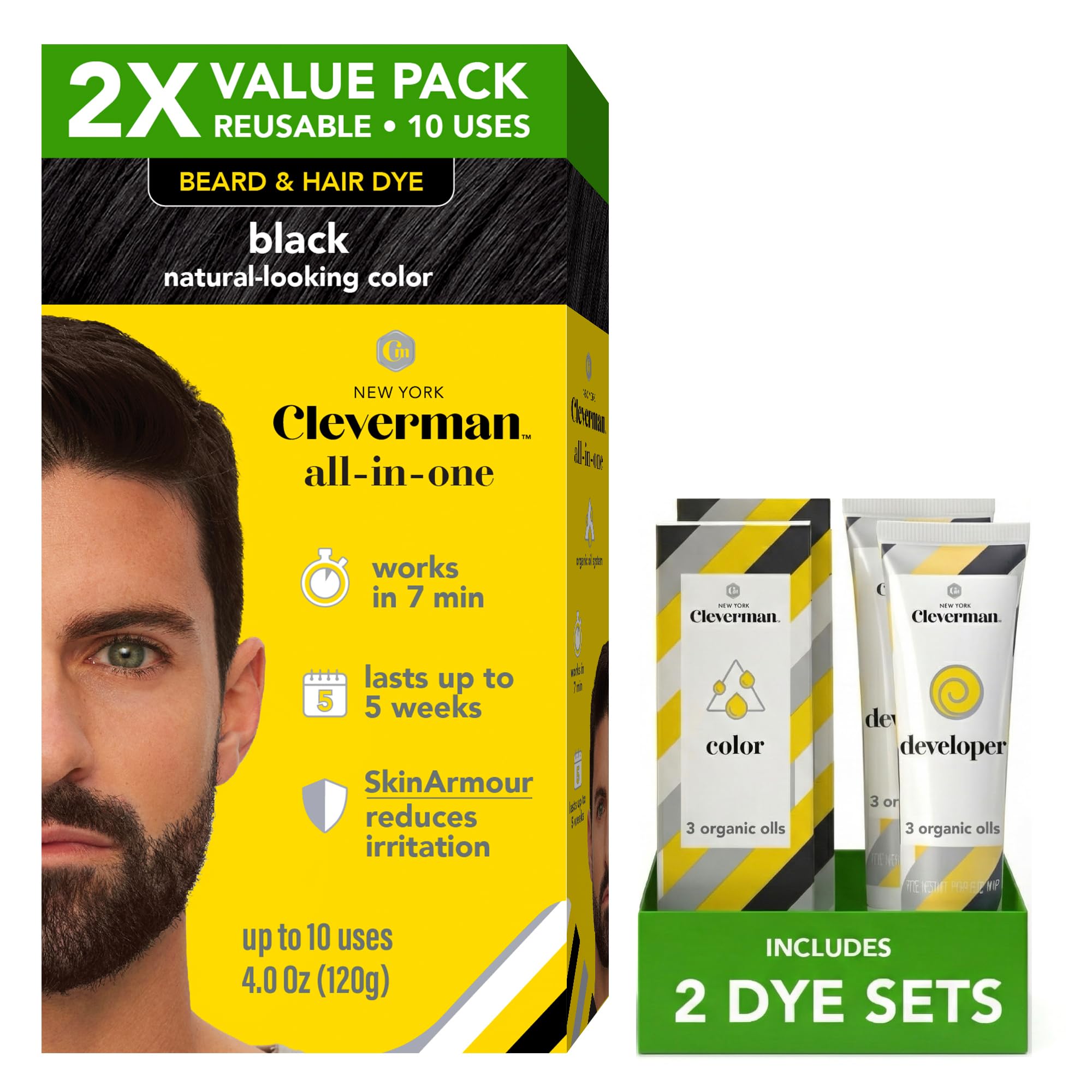 2X Reusable Hair & Beard Dye for Men – Black | Up to 10 Uses, 7 Minutes | Natural Gray Coverage, No-Drip Cream with SkinArmour® – Cleverman