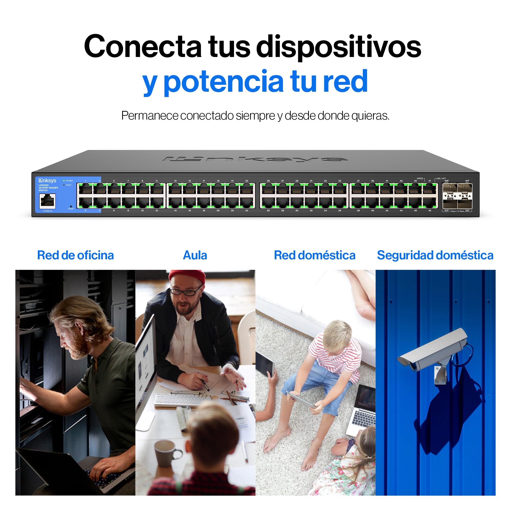 Linksys LGS352C-EU switch de red administrado Gigabit de 48 puertos con 4 ranuras SFP+ 10G de subida, concentrador/divisor Ethernet inteligente con carcasa metálica y montaje de sobremesa/pared