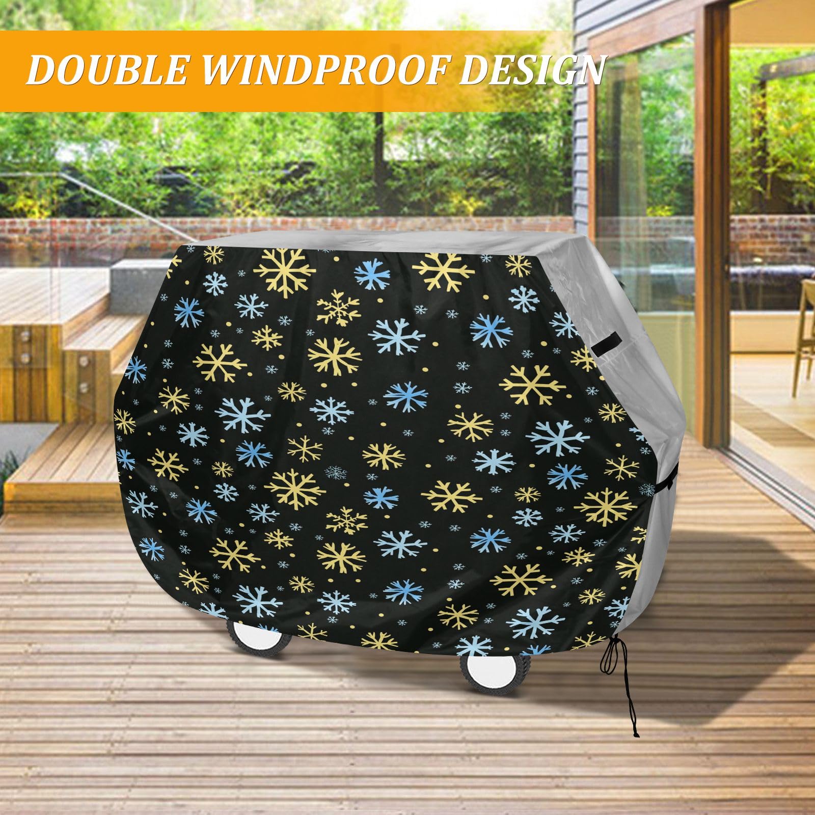 Copertura per barbecue di alta qualità, impermeabile, resistente allo sbiadimento, resistente, adatta per griglie fino a 25 cm di larghezza, con motivo a fiocchi di neve blu e giallo