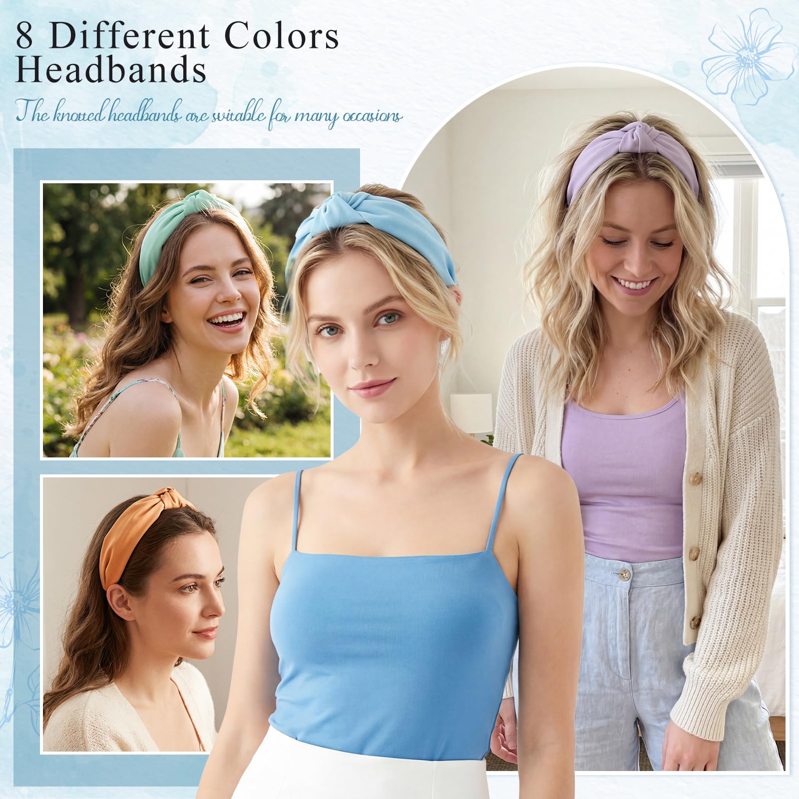 obeoby 8 fasce per capelli da donna, fasce annodate alla moda da donna fasce annodate larghe fasce per capelli tinta unita accessori per capelli regali di Natale quotidiani