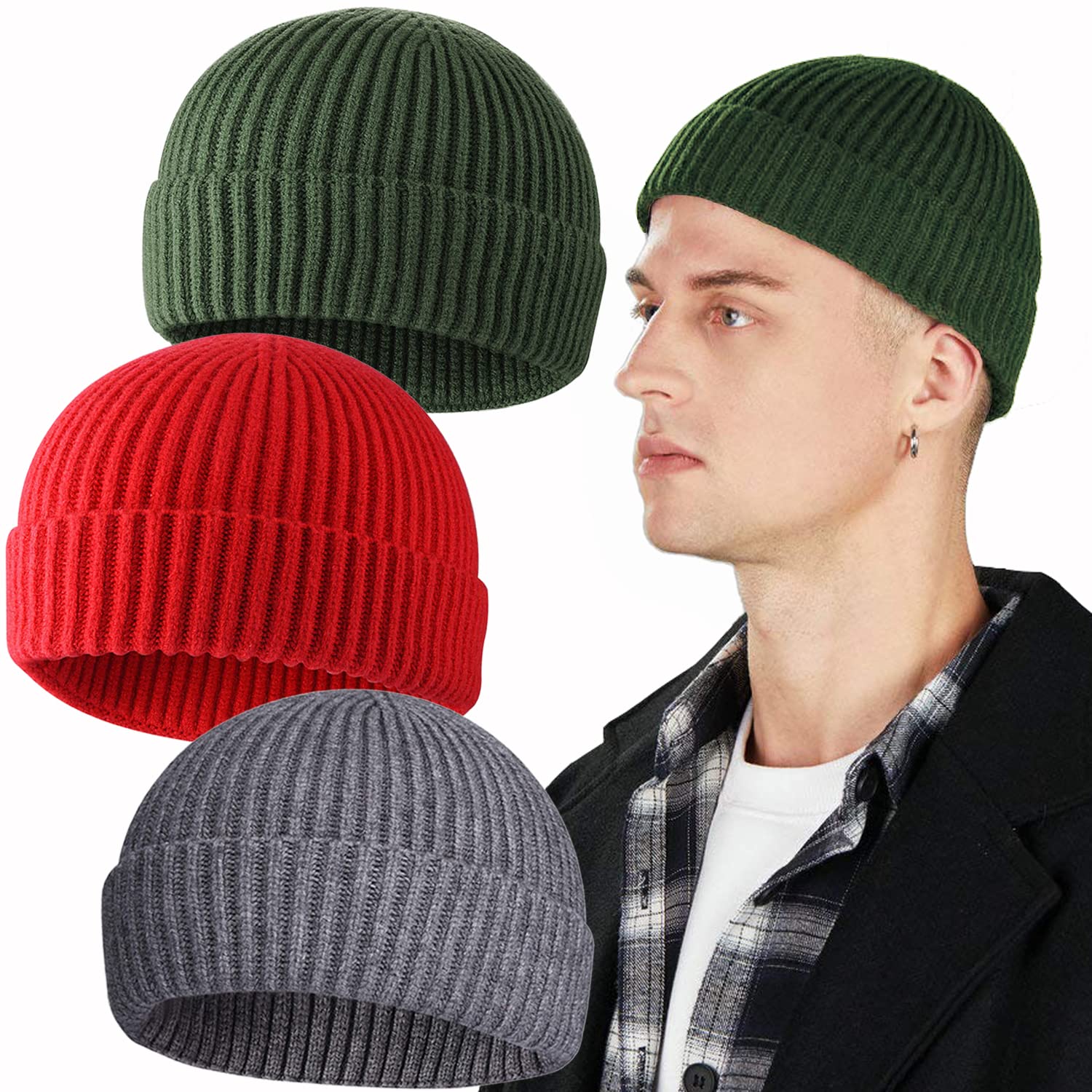 PHILIGHTS 3PCS Short Fisherman Beanie Hat for Men Women Wool Knit Cuff Winter Warm Hats