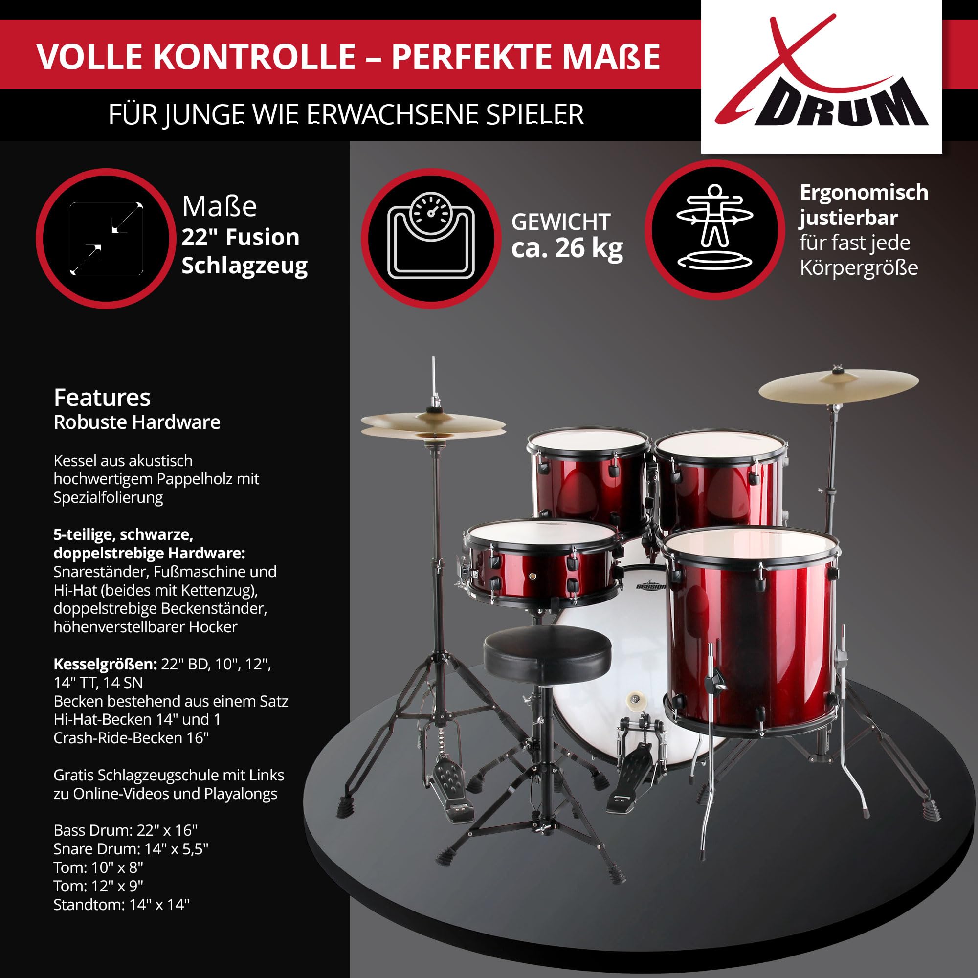 XDrum Rookie 22" Fusion Set Completo de Batería Ruby Red - Ideal para Principiantes - Hardware Estilizada en Negro - Incluye Baquetas, Manual de Montaje y Escuela de Batería - Rojo