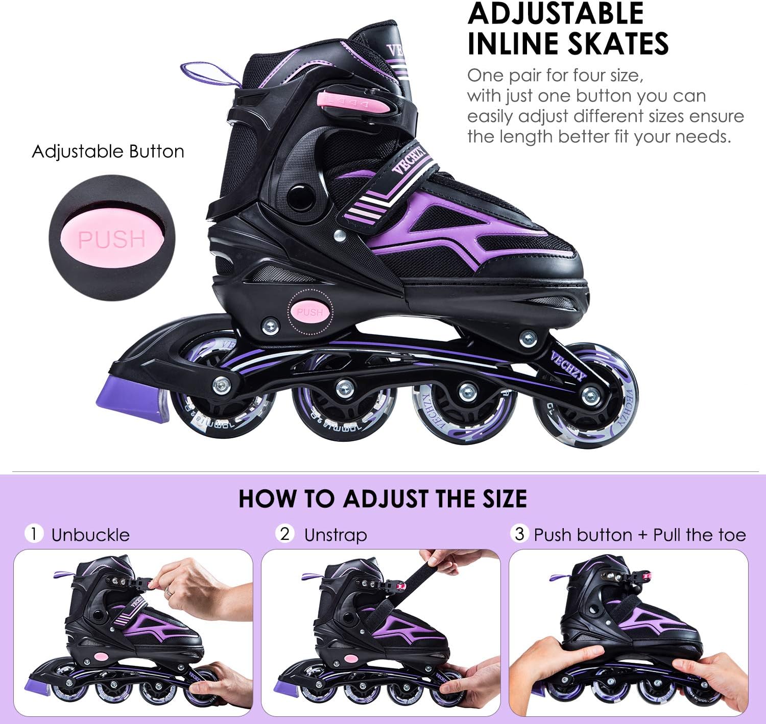 VECHZY Comfortable Adjustable Inline Skates with Light up Wheels, Beginner Illuminating Roller Skates for Kids, Women and Men
