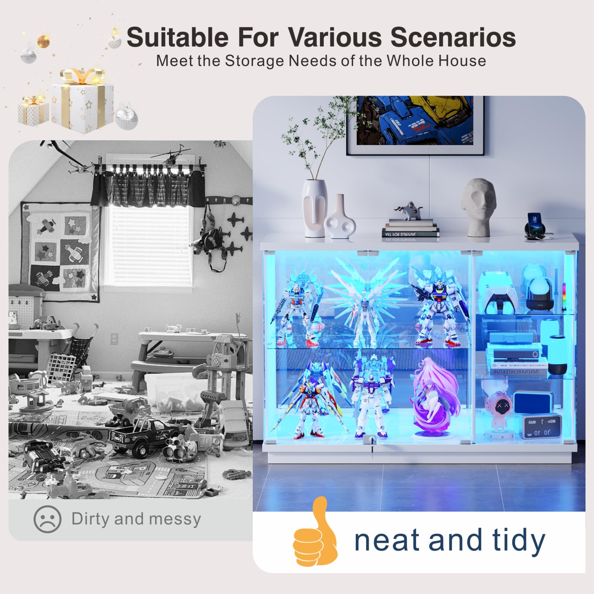 Vitrine mit LED Beleuchtung, Intelligente Sensorik für Wohnzimmer,Weiß | Vitrinenschrank mit Abschließbar Glastüren,Glasvitrine mit 3 Lagen Sammlervitrine für Schlafzimmer Büro,Studie