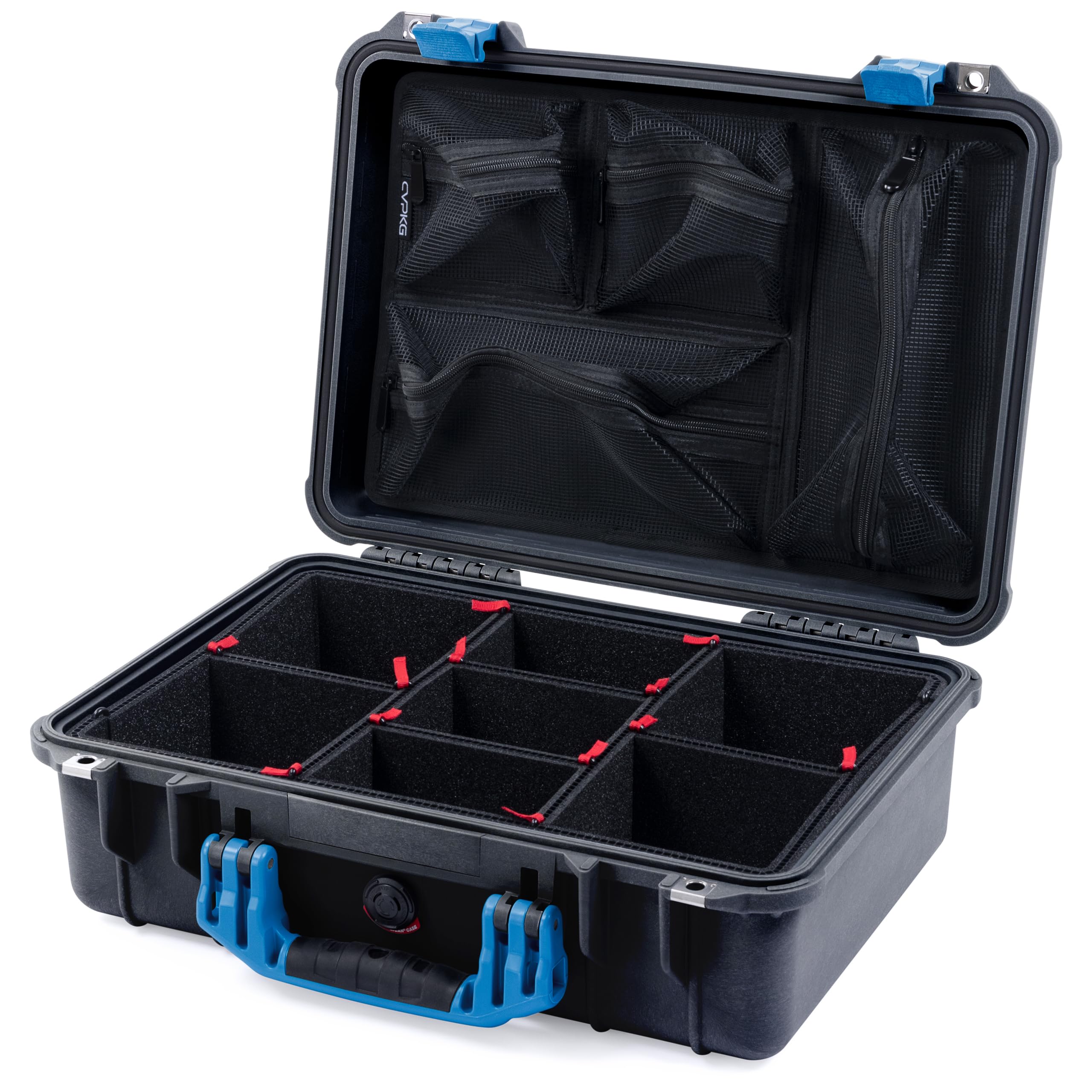 ColorCase Pelican 1500 Case Black - Medium Size Waterproof Case with TrekPak Divider & Mesh Lid Organizer - Blue Handles & Latches